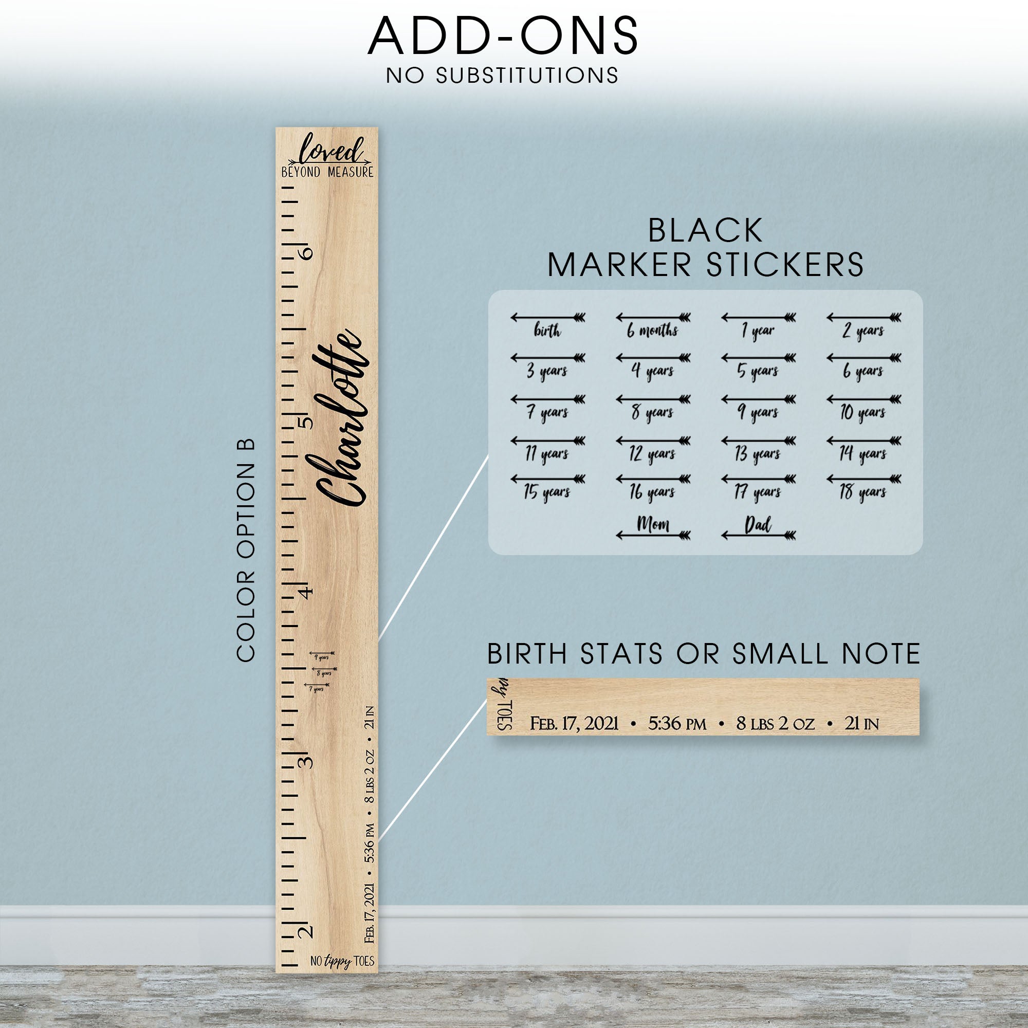 Personalized Wooden Kids Growth Chart - Height Ruler for Boys Girls Size Measuring Stick Family Name - Custom Ruler Gift Children GC-NTT No Tippy Toes-EXP