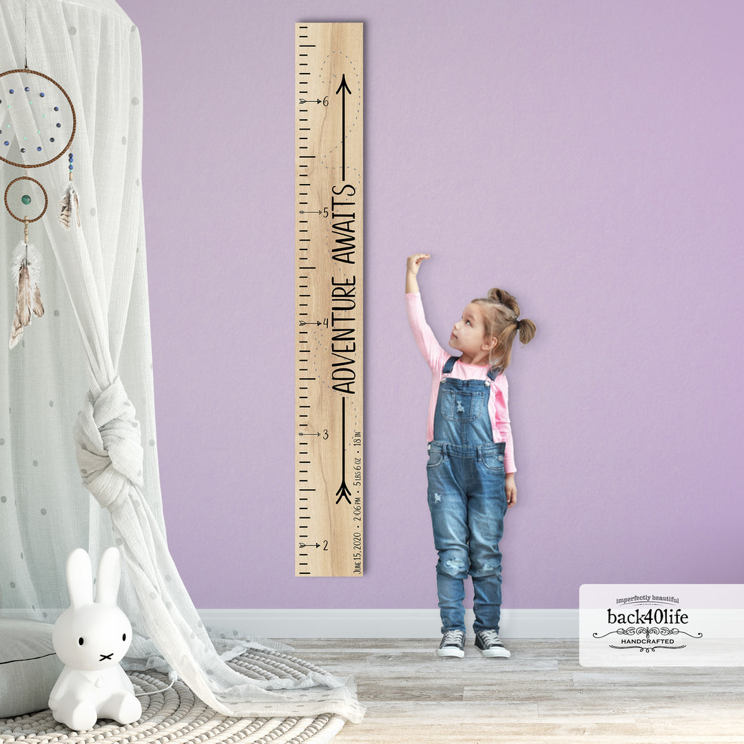 Personalized Wooden Kids Growth Chart - Height Ruler for Boys Girls Size Measuring Stick Family Name - Custom Ruler Gift Children GC-AA Adventure Awaits-EXP