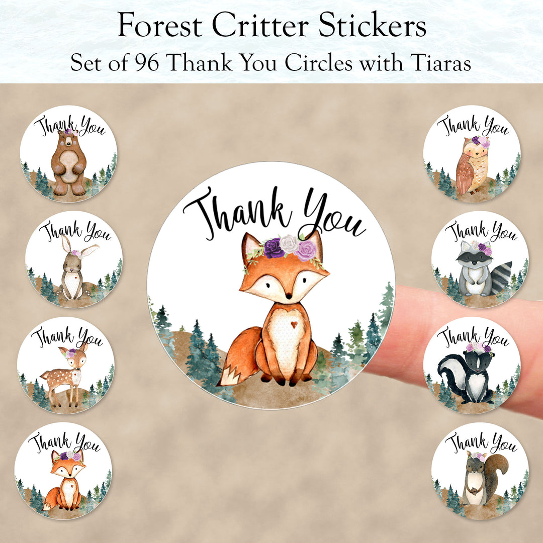 Forest Critter with Tiaras Circle Thank You Stickers - Set of 96 Circle Sticker Cutout Shapes - (PC-001C-6)