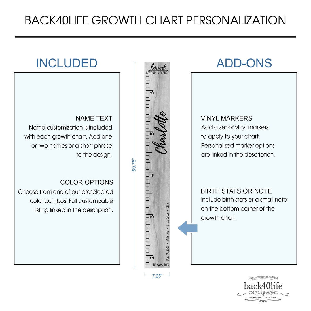Personalized Wooden Kids Growth Chart - Height Ruler for Boys Girls Size Measuring Stick Family Name - Custom Ruler Gift Children GC-NTT No Tippy Toes