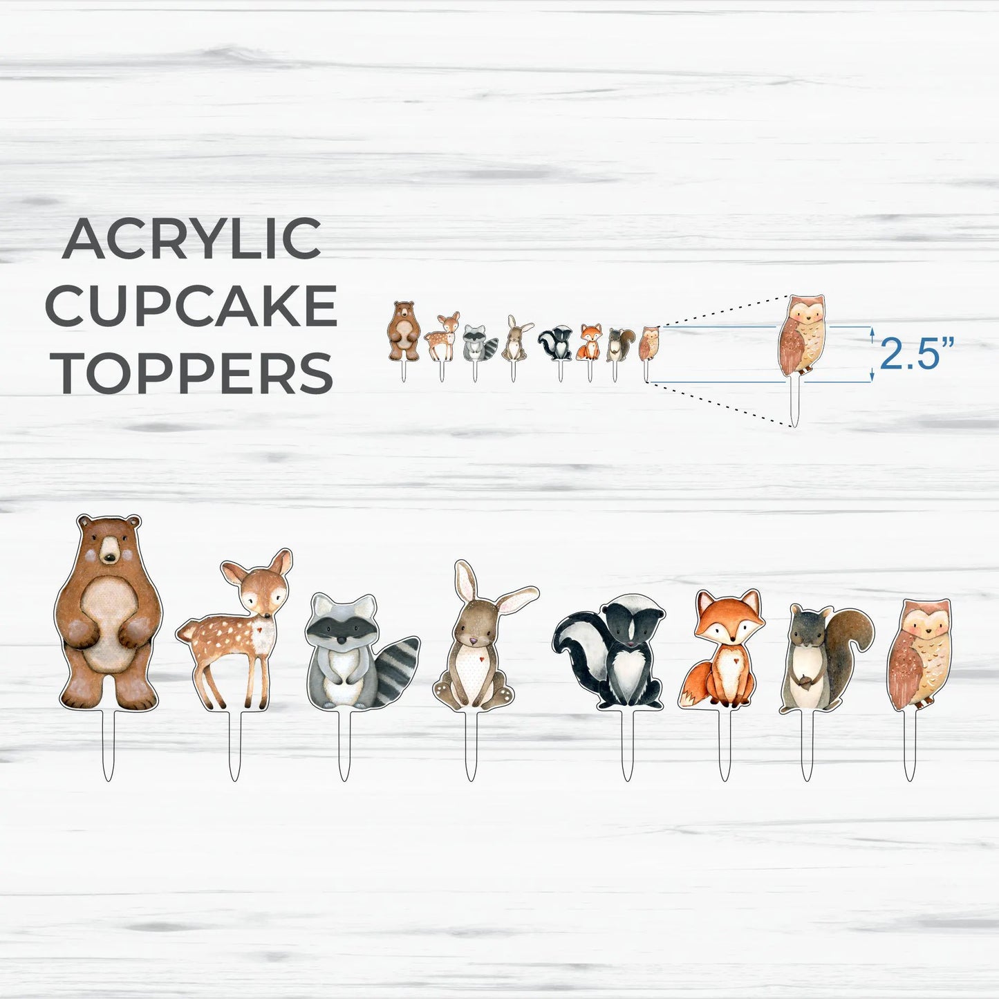 Forest Critters Cupcake Toppers | Painted Acrylic Cutout Shapes - Back40Life (PC-001D-CupcakeSet)