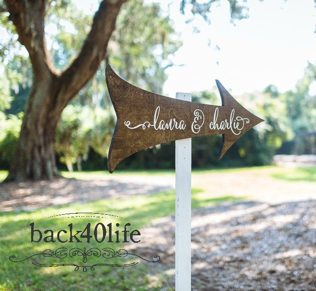 Personalized Calligraphy Wedding Directional Arrow Wood Sign (W-065)