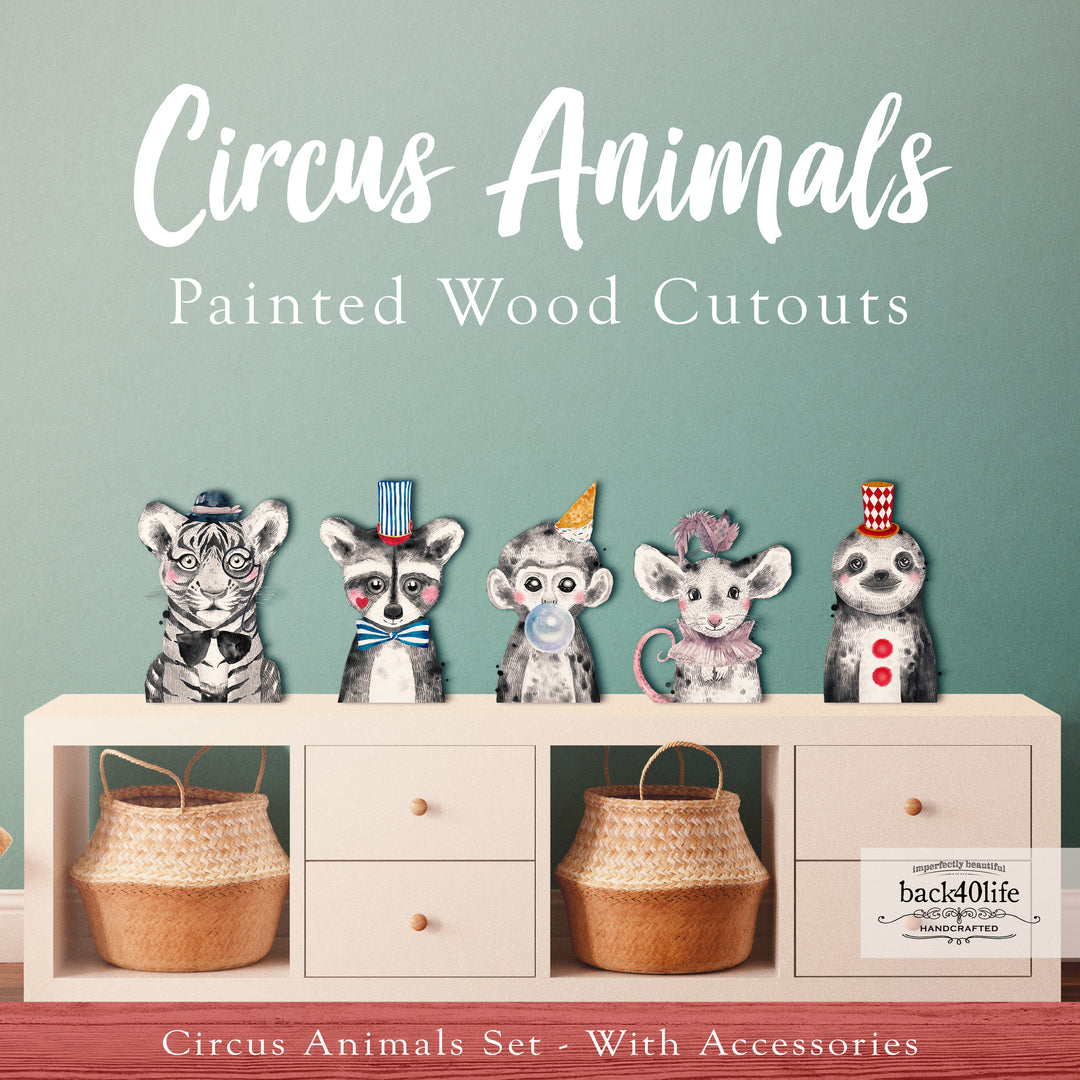 Circus Baby Animals | Set of Painted Wooden Cutout Shapes - Back40Life (PC-002-Circus-Set)