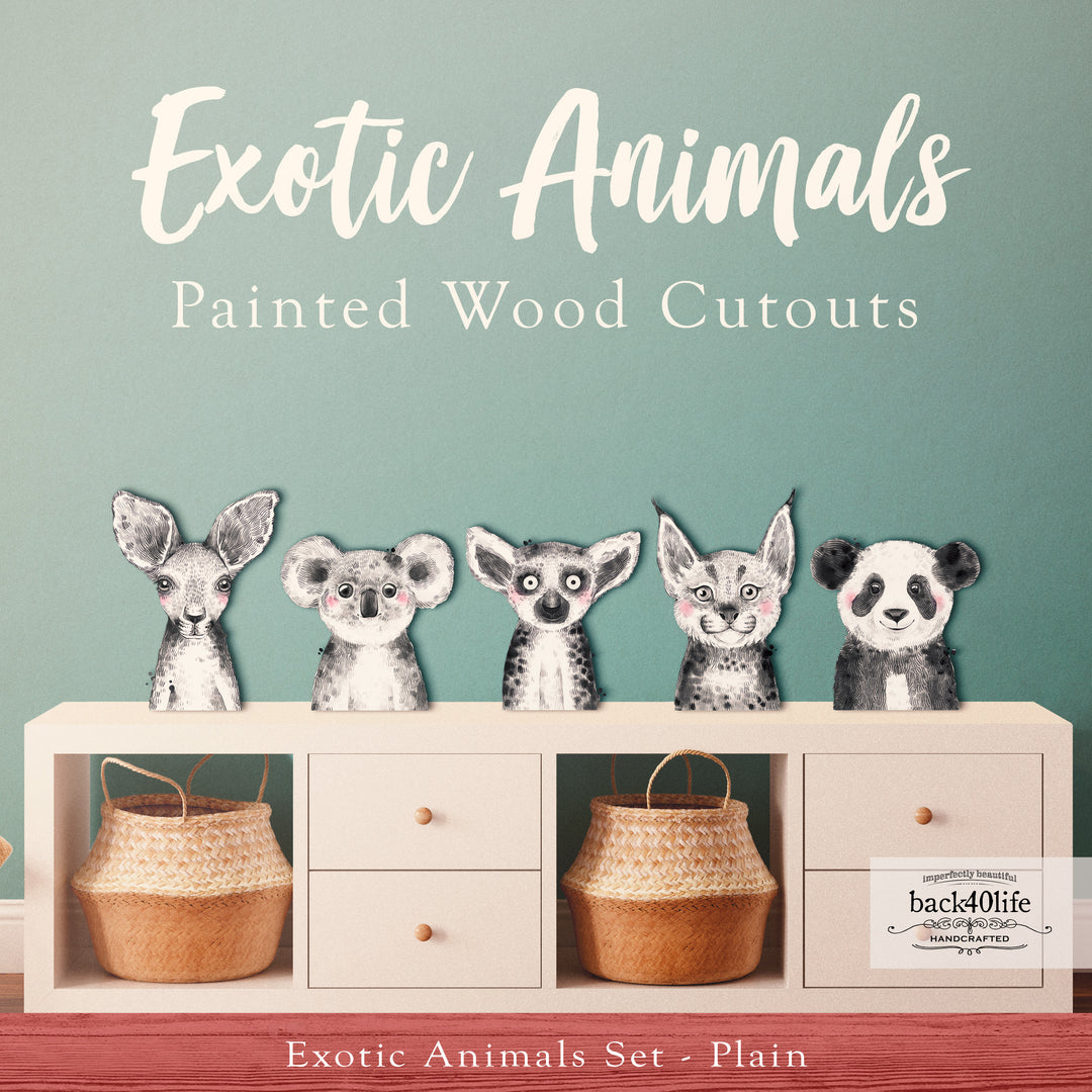 Exotic Baby Animals | Set of Painted Wooden Cutout Shapes - Back40Life (PC-002-Exotic-Set)