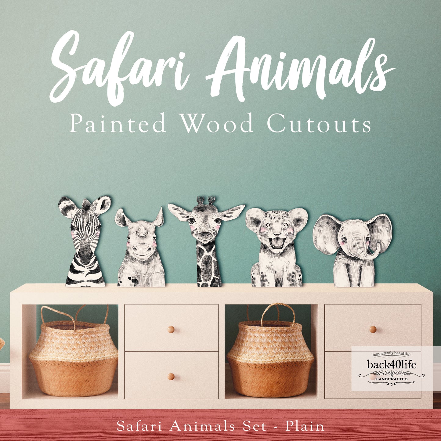 Safari Baby Animals | Set of Painted Wooden Cutout Shapes - Back40Life (PC-002S)