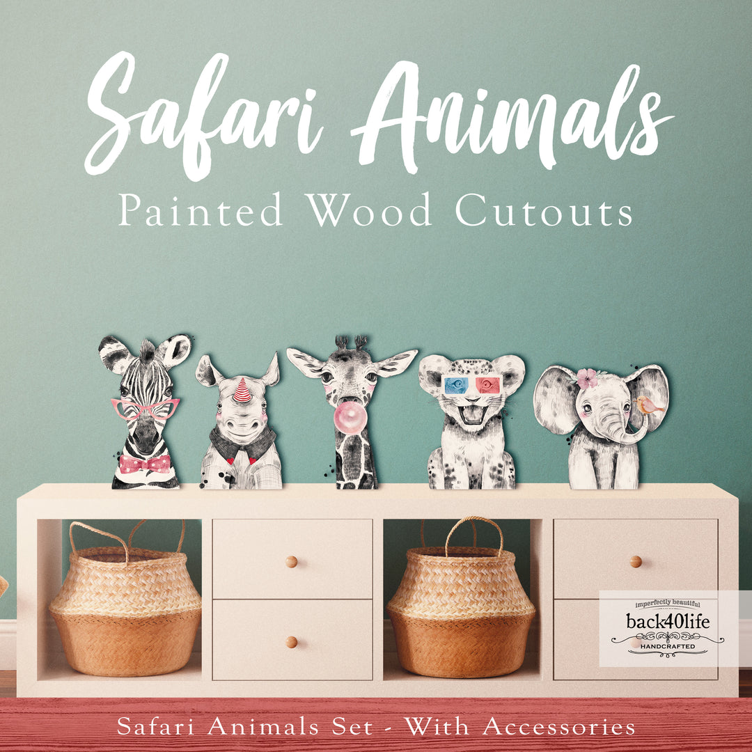 Safari Baby Animals | Set of Painted Wooden Cutout Shapes - Back40Life (PC-002-Safari-Set)