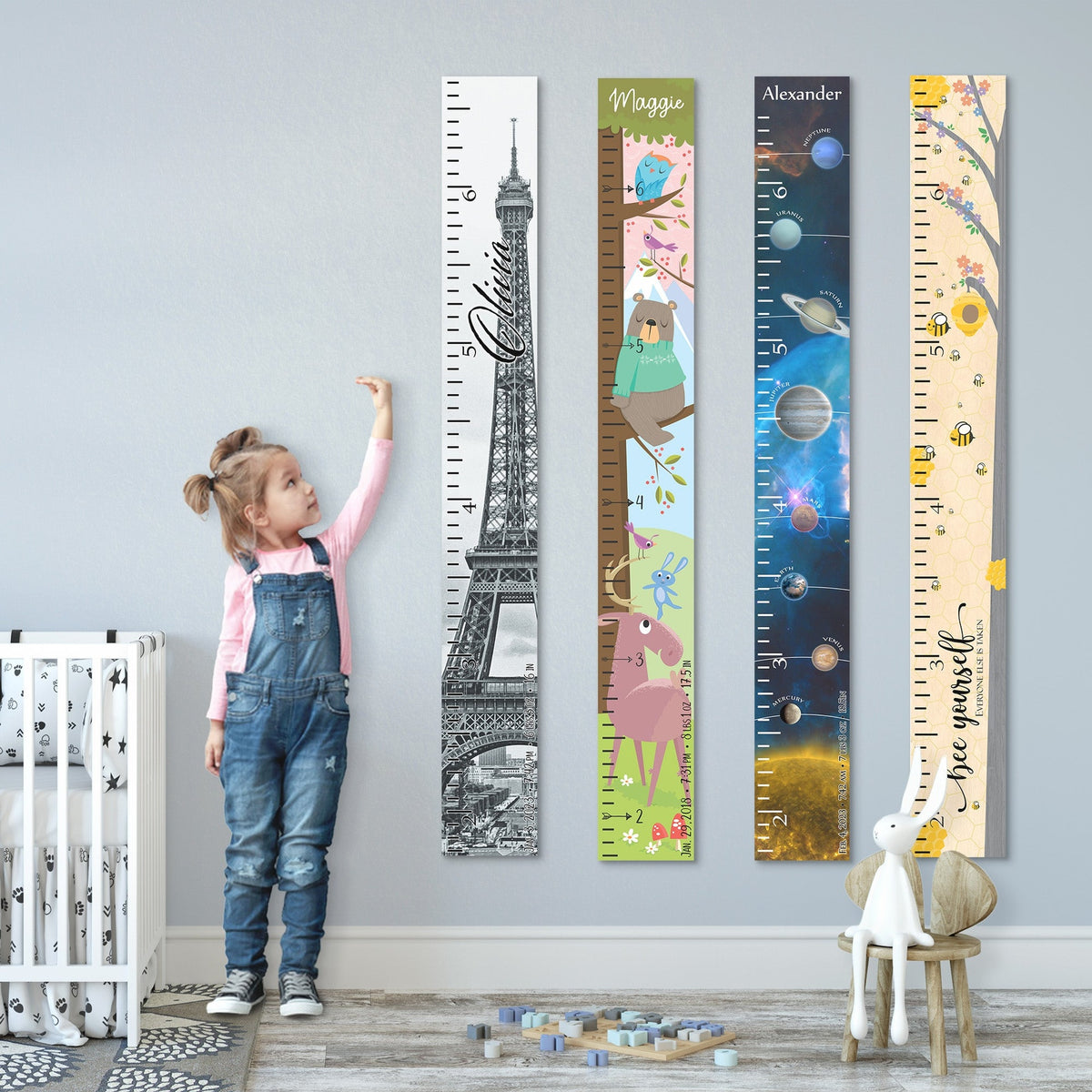 Personalized Wooden Kids Growth Chart - Height Ruler for Boys Girls Size Measuring Stick Family Name - Custom Ruler Gift Children - THM Themed Chart