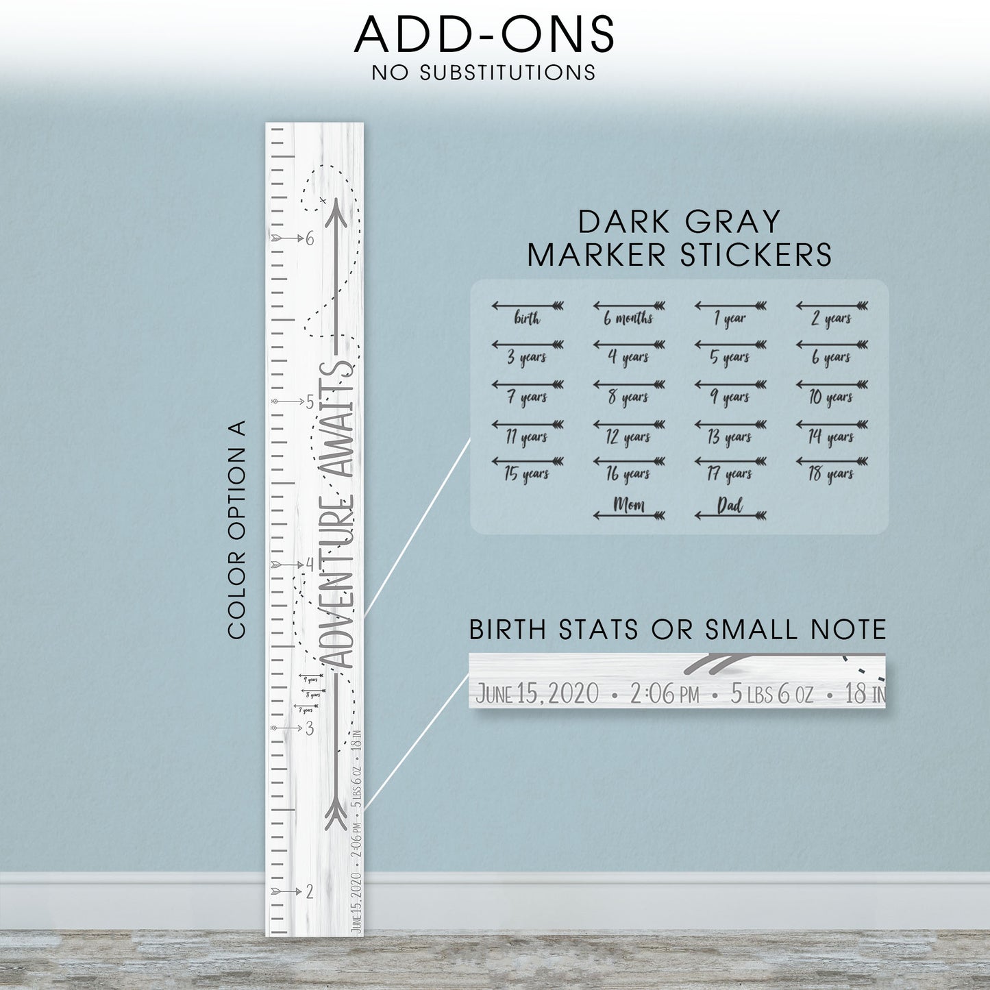 Personalized Wooden Kids Growth Chart - Height Ruler for Boys Girls Size Measuring Stick Family Name - Custom Ruler Gift Children GC-AA Adventure Awaits