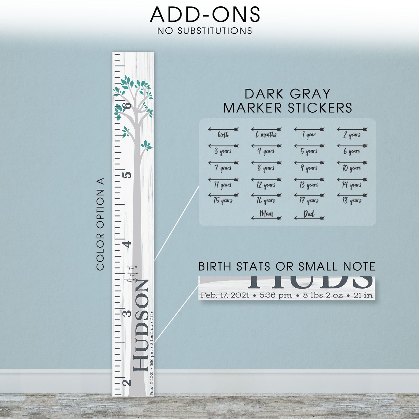 Personalized Wooden Kids Growth Chart - Height Ruler for Boys Girls Size Measuring Stick Family Name - Custom Ruler Gift Children GC-HUD Hudson