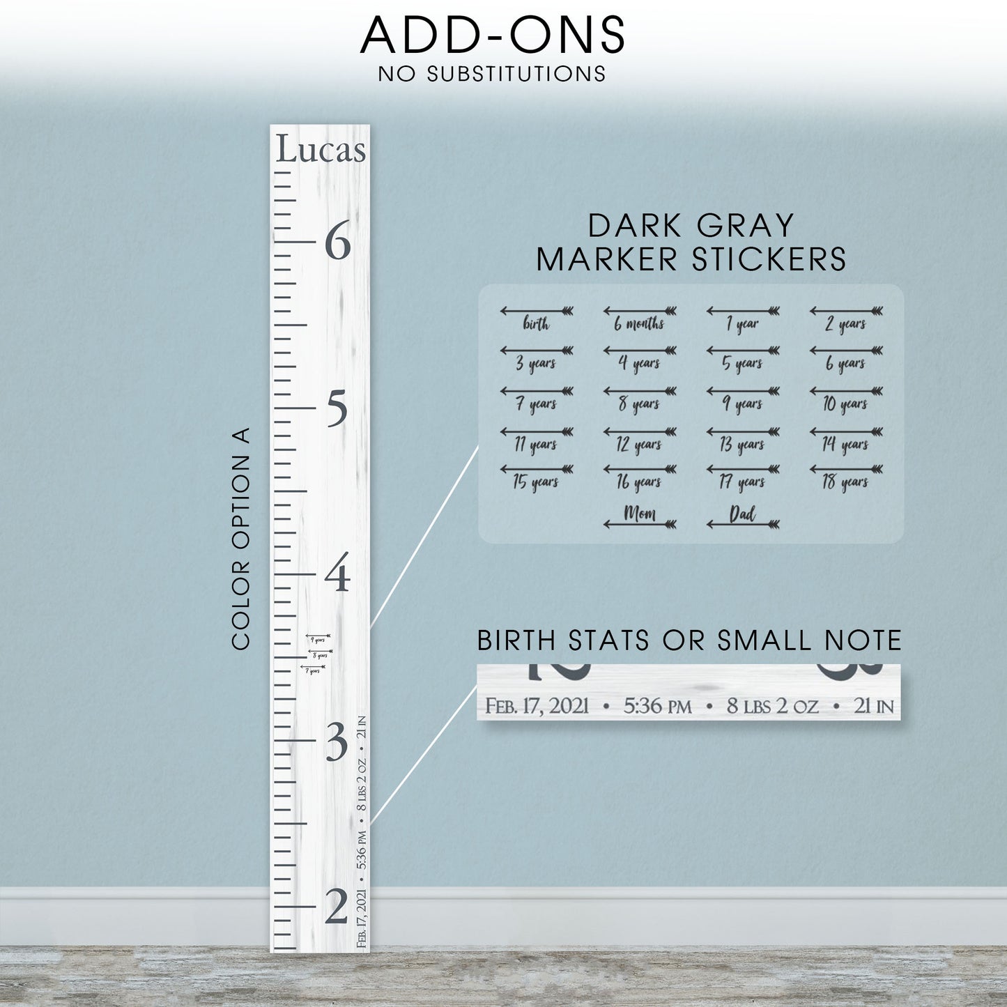 Personalized Wooden Kids Growth Chart - Height Ruler for Boys Girls Size Measuring Stick Family Name - Custom Ruler Gift Children GC-MAR Marshall