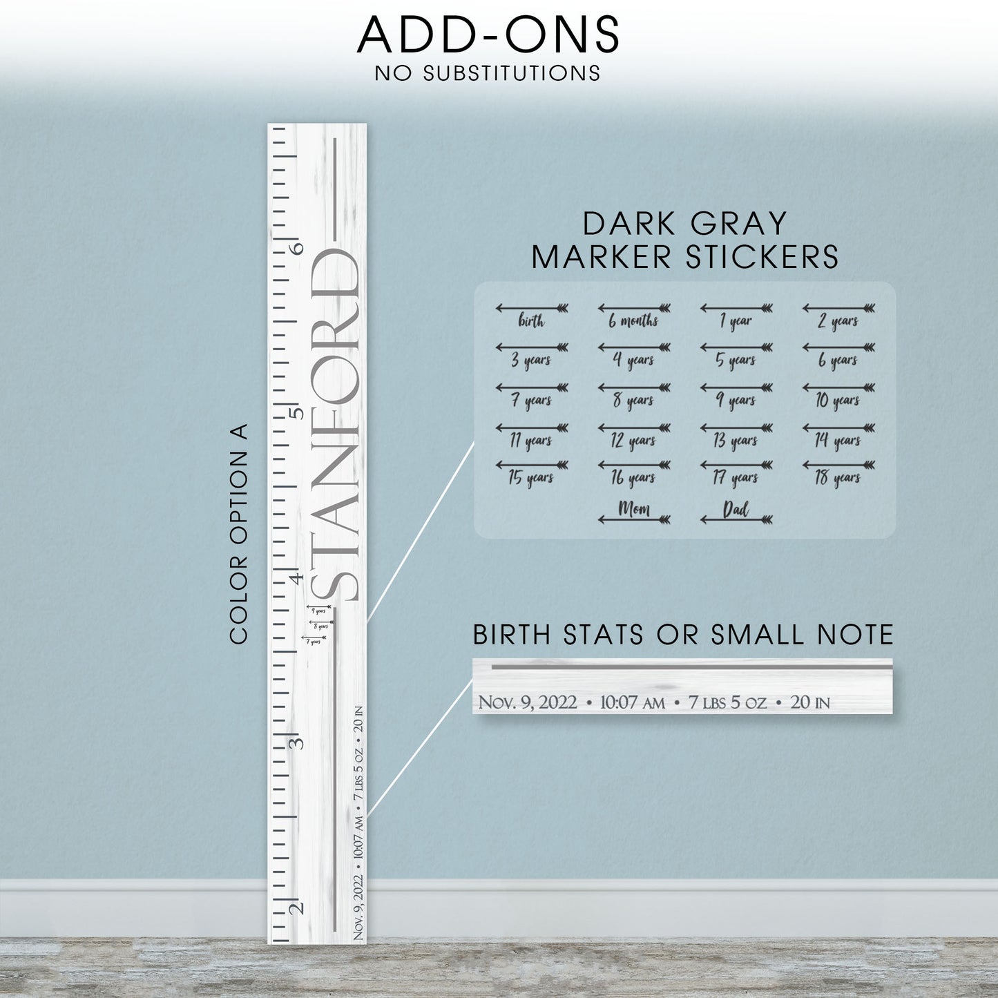 Personalized Wooden Kids Growth Chart - Height Ruler for Boys Girls Size Measuring Stick Family Name - Custom Ruler Gift Children GC-STN Stanford