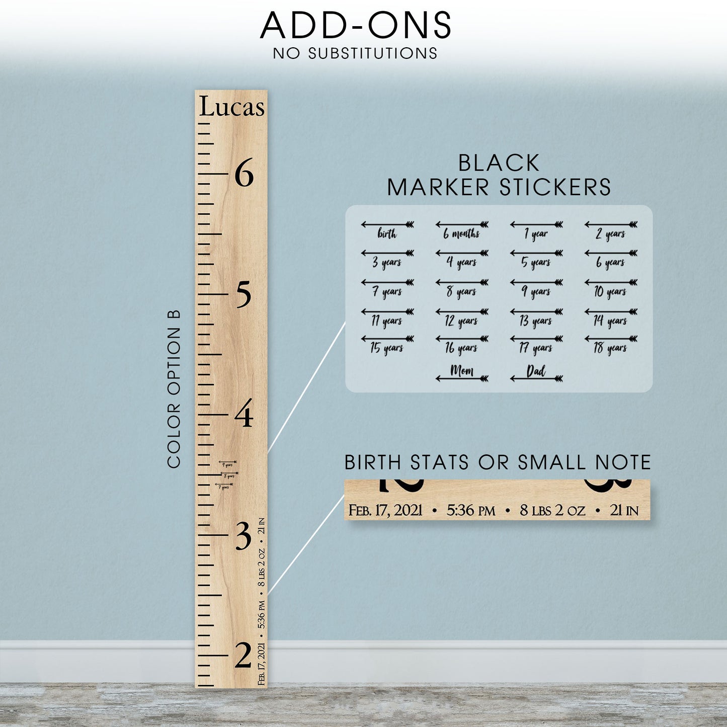 Personalized Wooden Kids Growth Chart - Height Ruler for Boys Girls Size Measuring Stick Family Name - Custom Ruler Gift Children GC-MAR Marshall