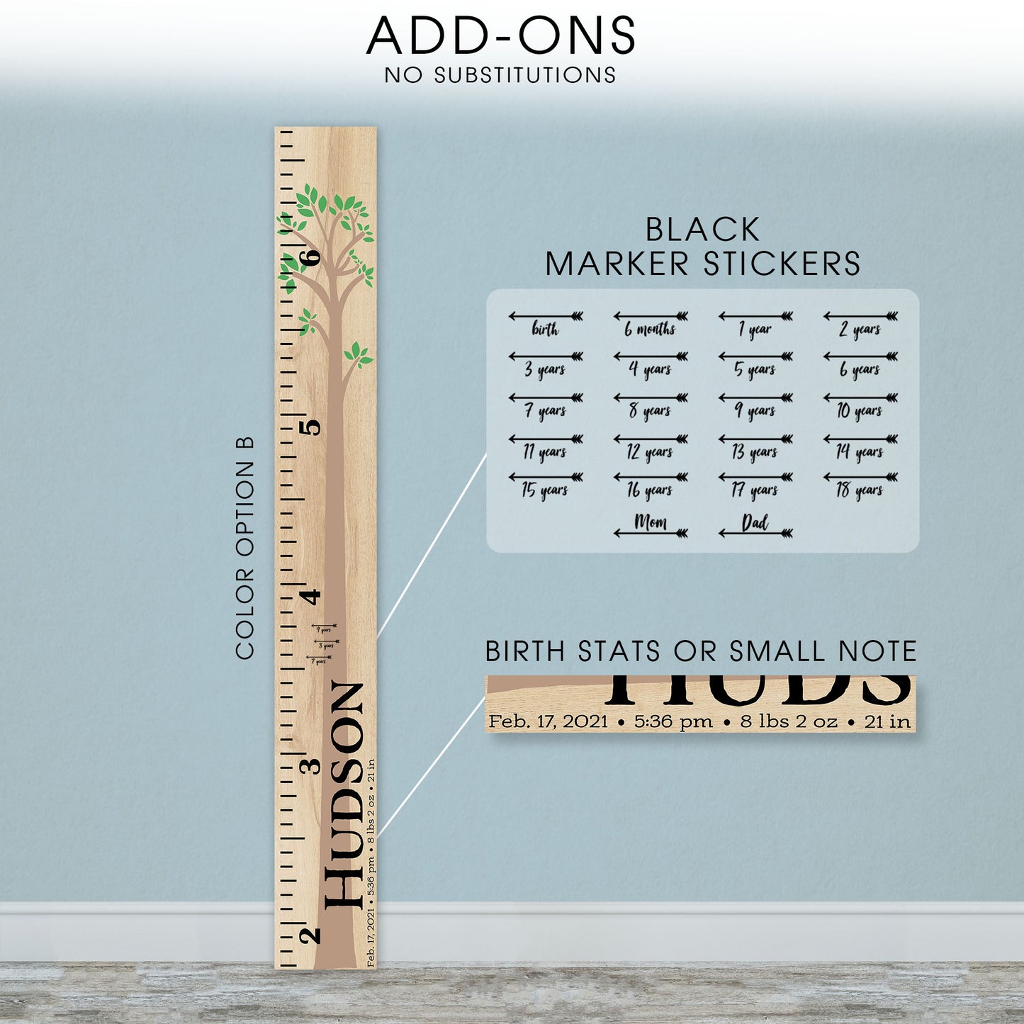 Personalized Wooden Kids Growth Chart - Height Ruler for Boys Girls Size Measuring Stick Family Name - Custom Ruler Gift Children GC-HUD Hudson