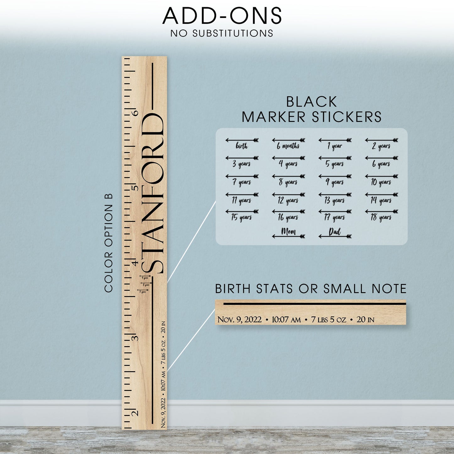 Personalized Wooden Kids Growth Chart - Height Ruler for Boys Girls Size Measuring Stick Family Name - Custom Ruler Gift Children GC-STN Stanford