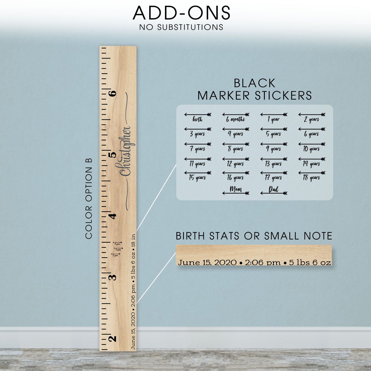 Personalized Wooden Kids Growth Chart - Height Ruler for Boys Girls Size Measuring Stick Family Name - Custom Ruler Gift Children GC-CHR Christopher