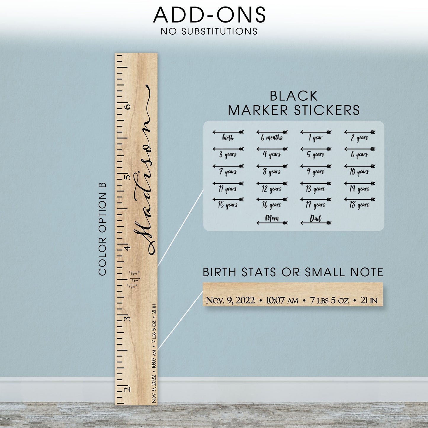 Personalized Wooden Kids Growth Chart - Height Ruler for Boys Girls Size Measuring Stick Family Name - Custom Ruler Gift Children GC-MAD Madison