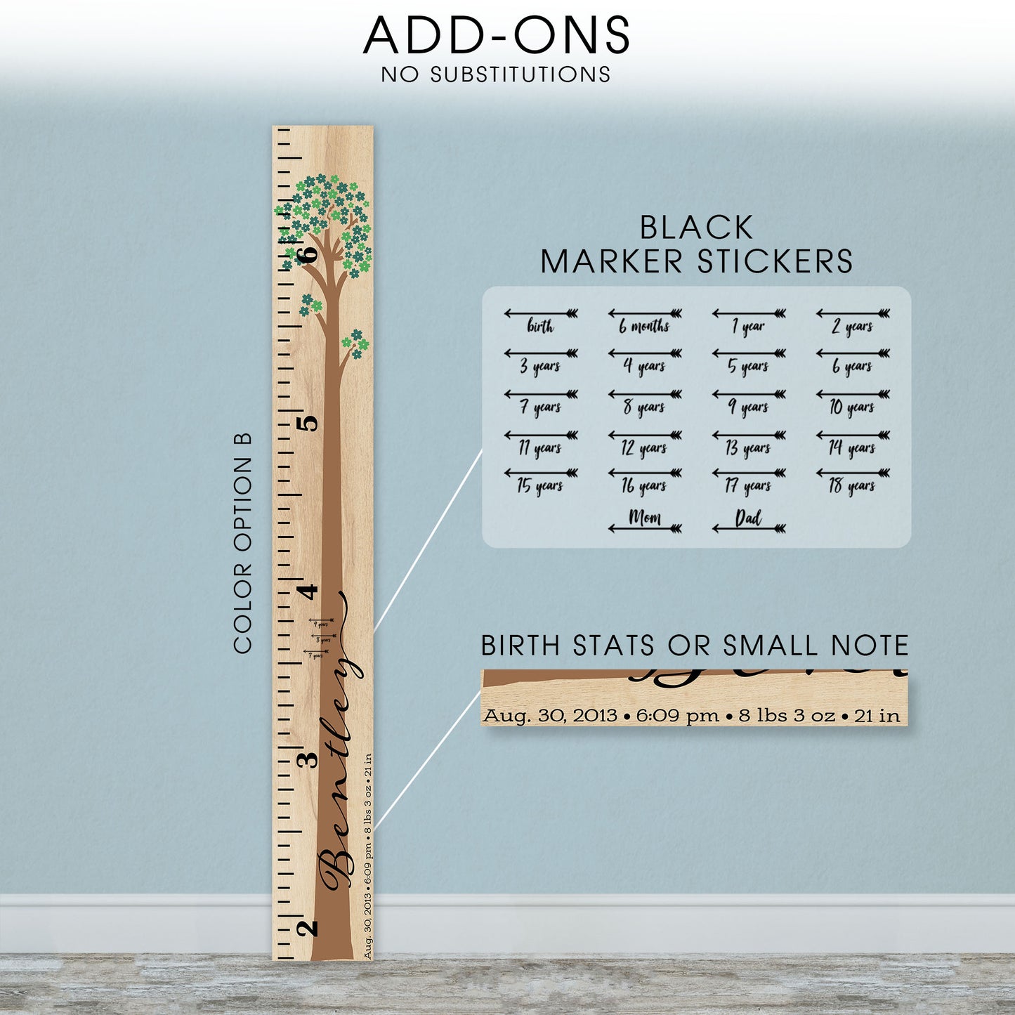 Personalized Wooden Kids Growth Chart - Height Ruler for Boys Girls Size Measuring Stick Family Name - Custom Ruler Gift Children GC-BNT Bentley