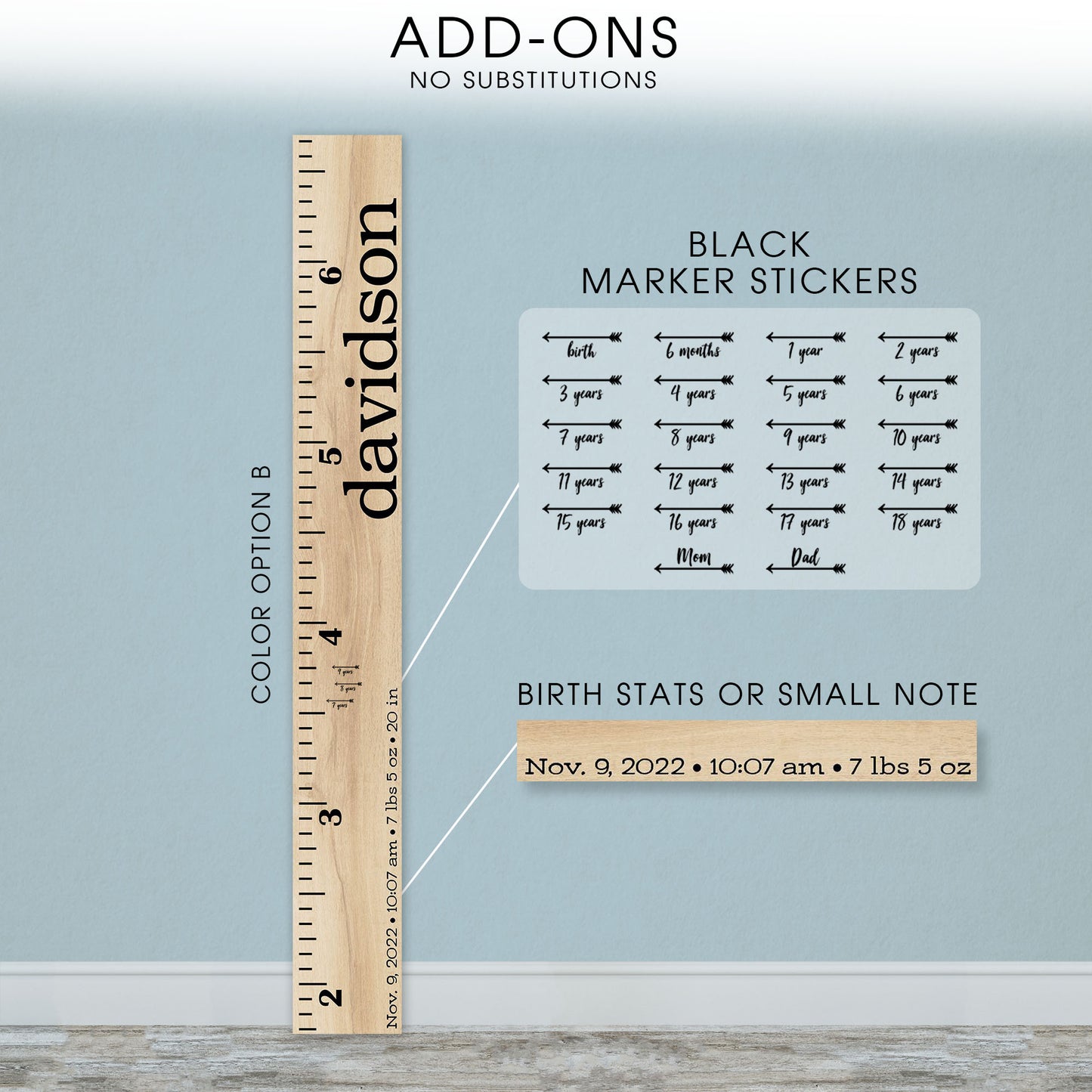 Personalized Wooden Kids Growth Chart - Height Ruler for Boys Girls Size Measuring Stick Family Name - Custom Ruler Gift Children GC-DAV Davidson
