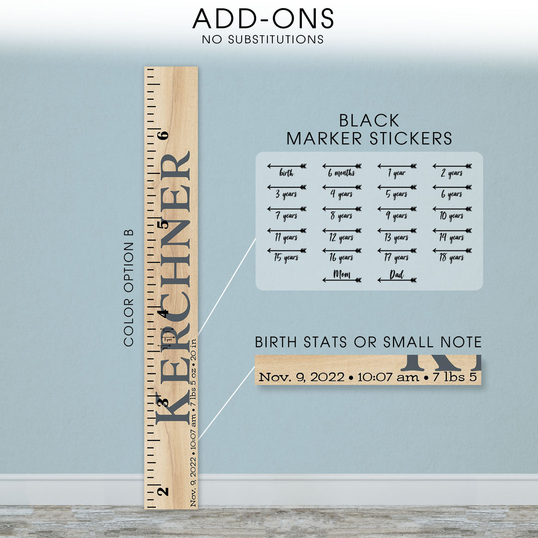 Personalized Wooden Kids Growth Chart - Height Ruler for Boys Girls Size Measuring Stick Family Name - Custom Ruler Gift Children GC-KER Kerchner-EXP