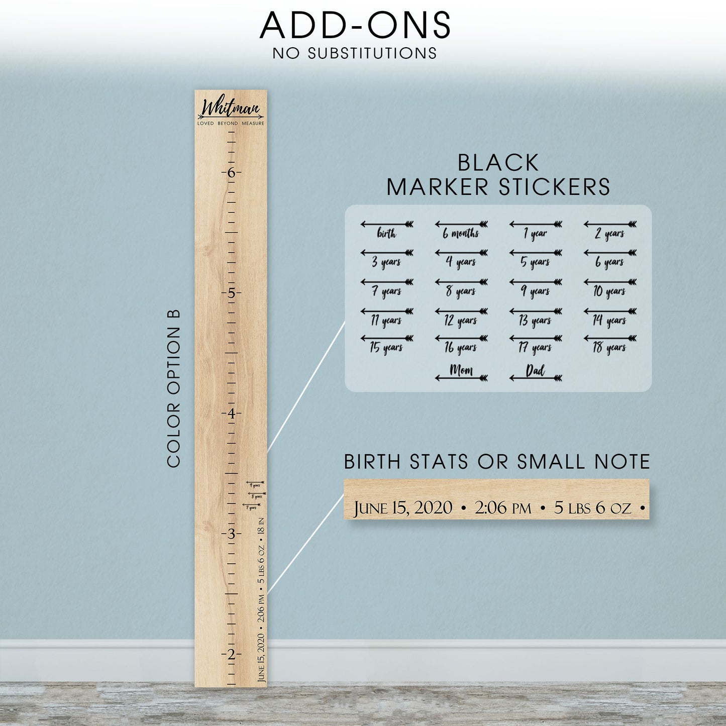 Personalized Wooden Kids Growth Chart - Height Ruler for Boys Girls Size Measuring Stick Family Name - Custom Ruler Gift Children GC-WHT Whitman