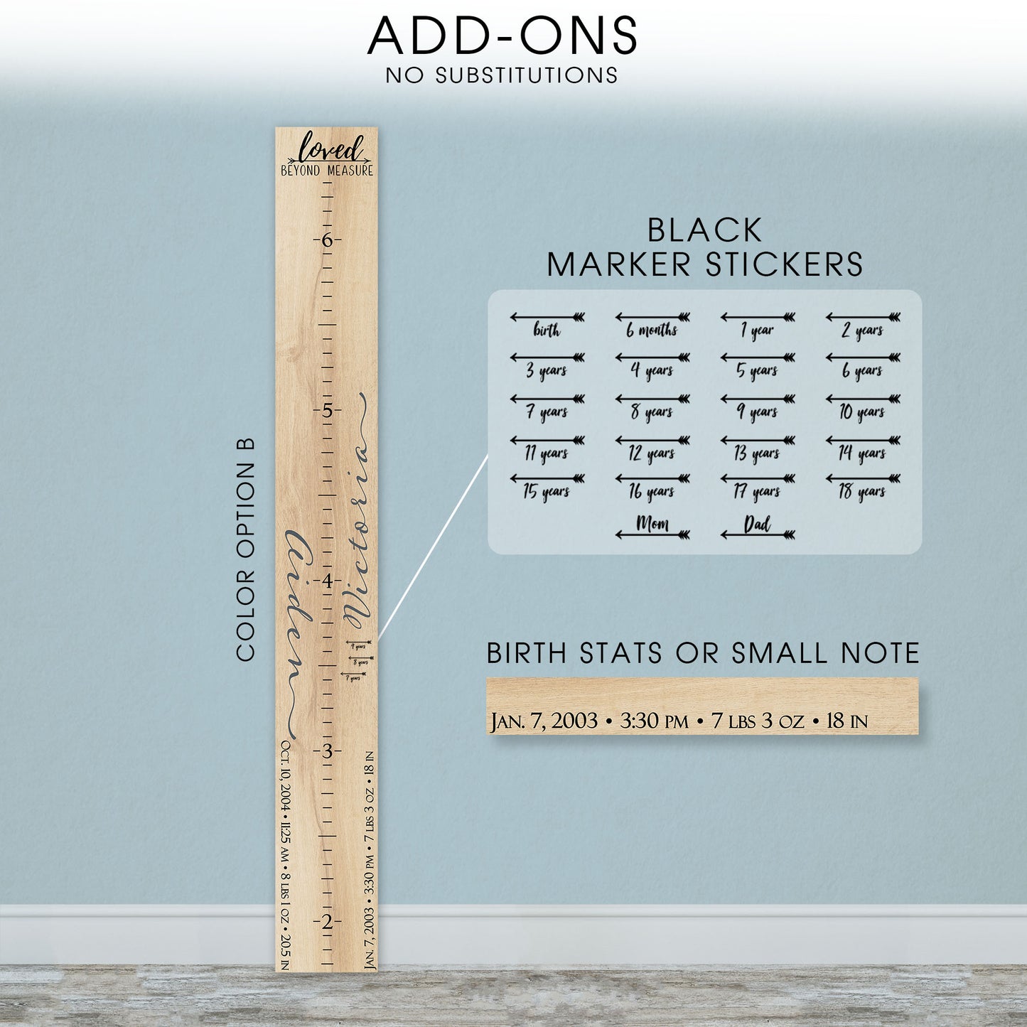 Personalized Wooden Kids Growth Chart - Height Ruler for Boys Girls Size Measuring Stick Family Name - Custom Ruler Gift Children GC-AID Aiden