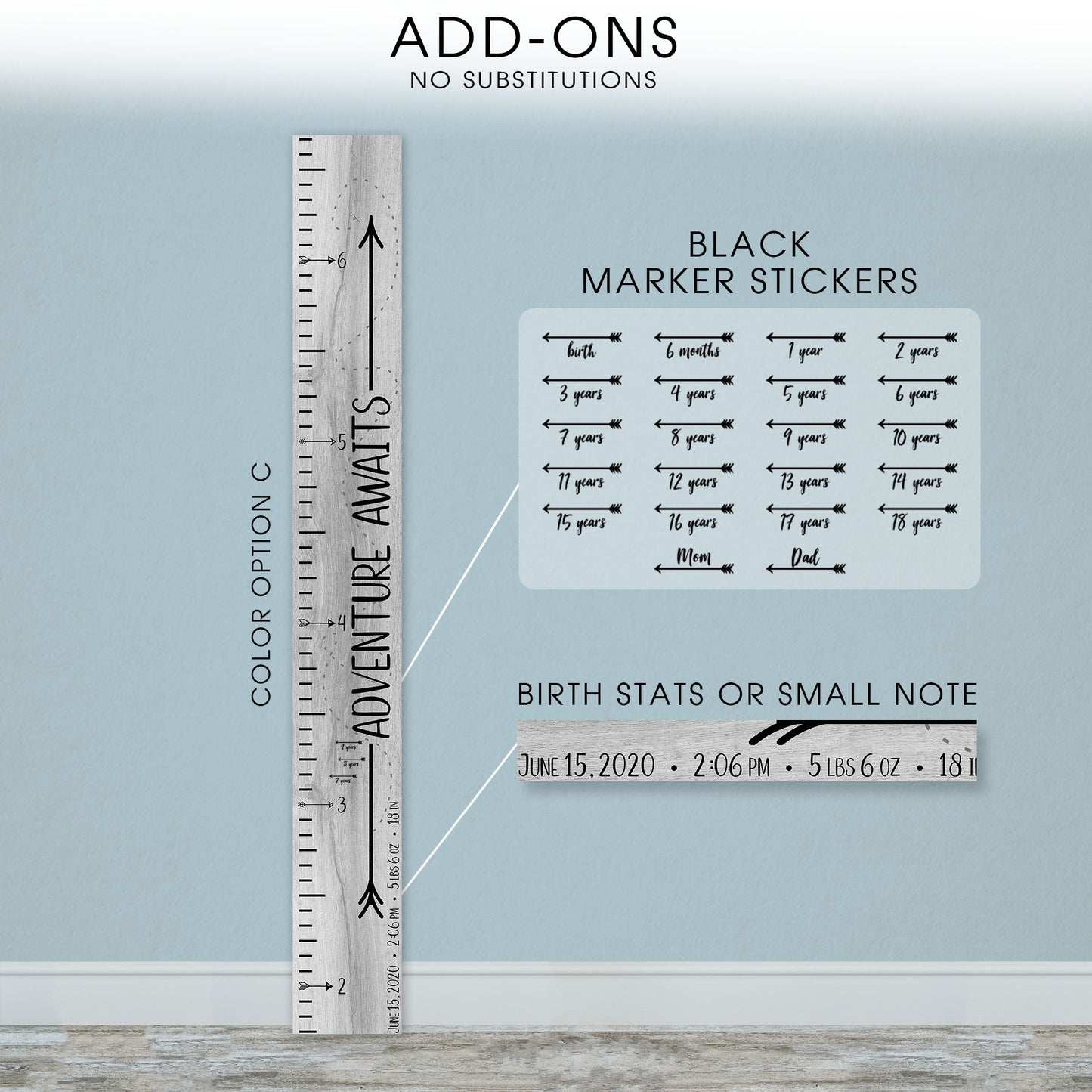 Personalized Wooden Kids Growth Chart - Height Ruler for Boys Girls Size Measuring Stick Family Name - Custom Ruler Gift Children GC-AA Adventure Awaits