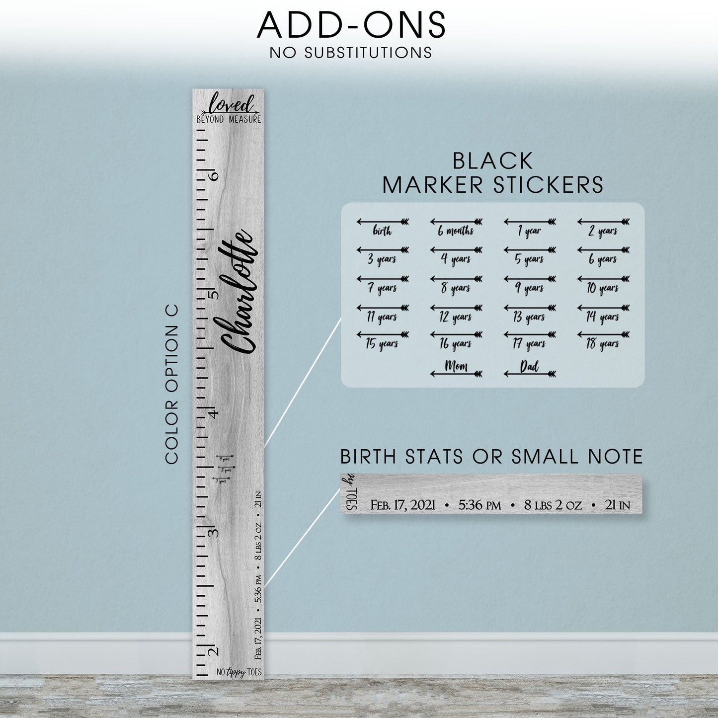 Personalized Wooden Kids Growth Chart - Height Ruler for Boys Girls Size Measuring Stick Family Name - Custom Ruler Gift Children GC-NTT No Tippy Toes