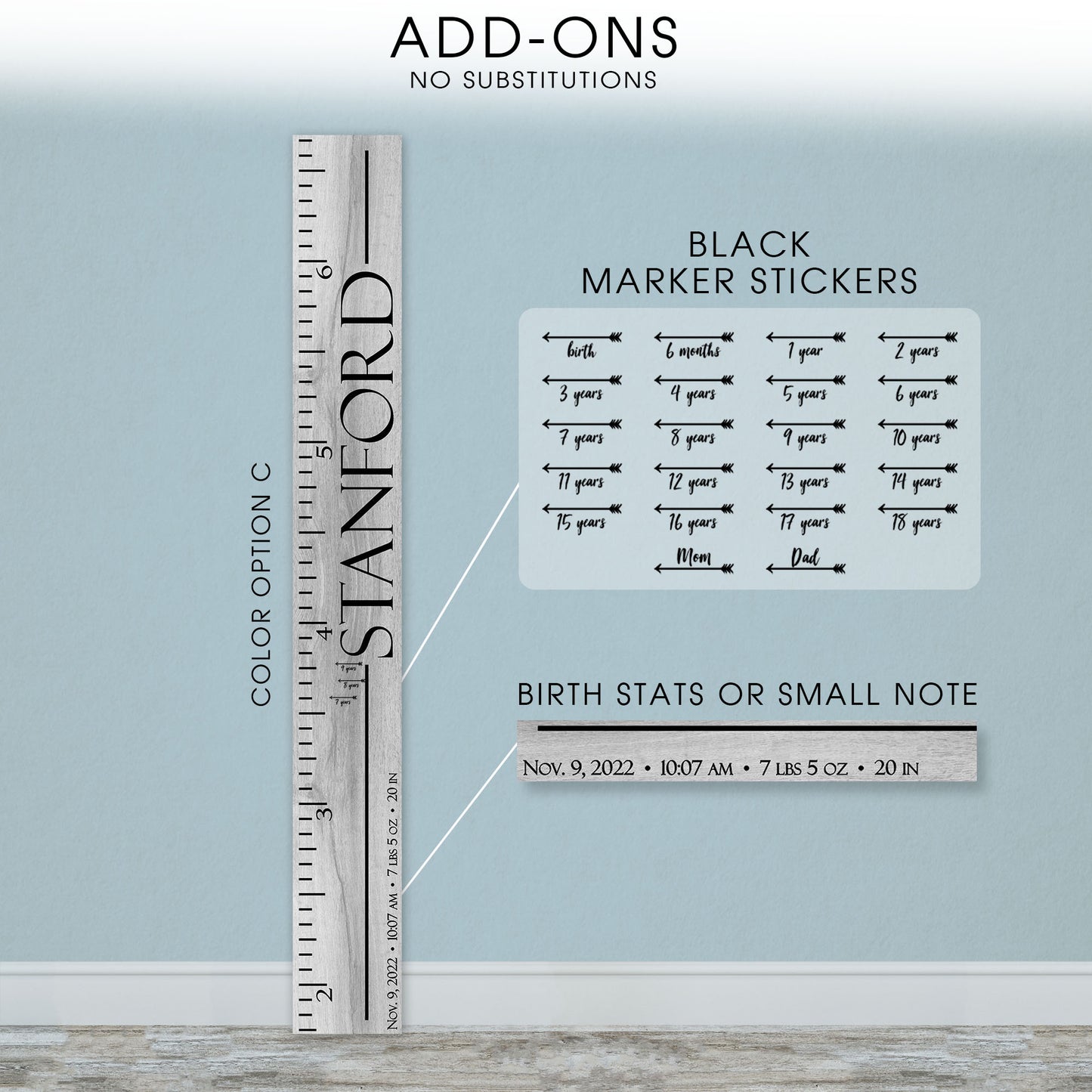 Personalized Wooden Kids Growth Chart - Height Ruler for Boys Girls Size Measuring Stick Family Name - Custom Ruler Gift Children GC-STN Stanford