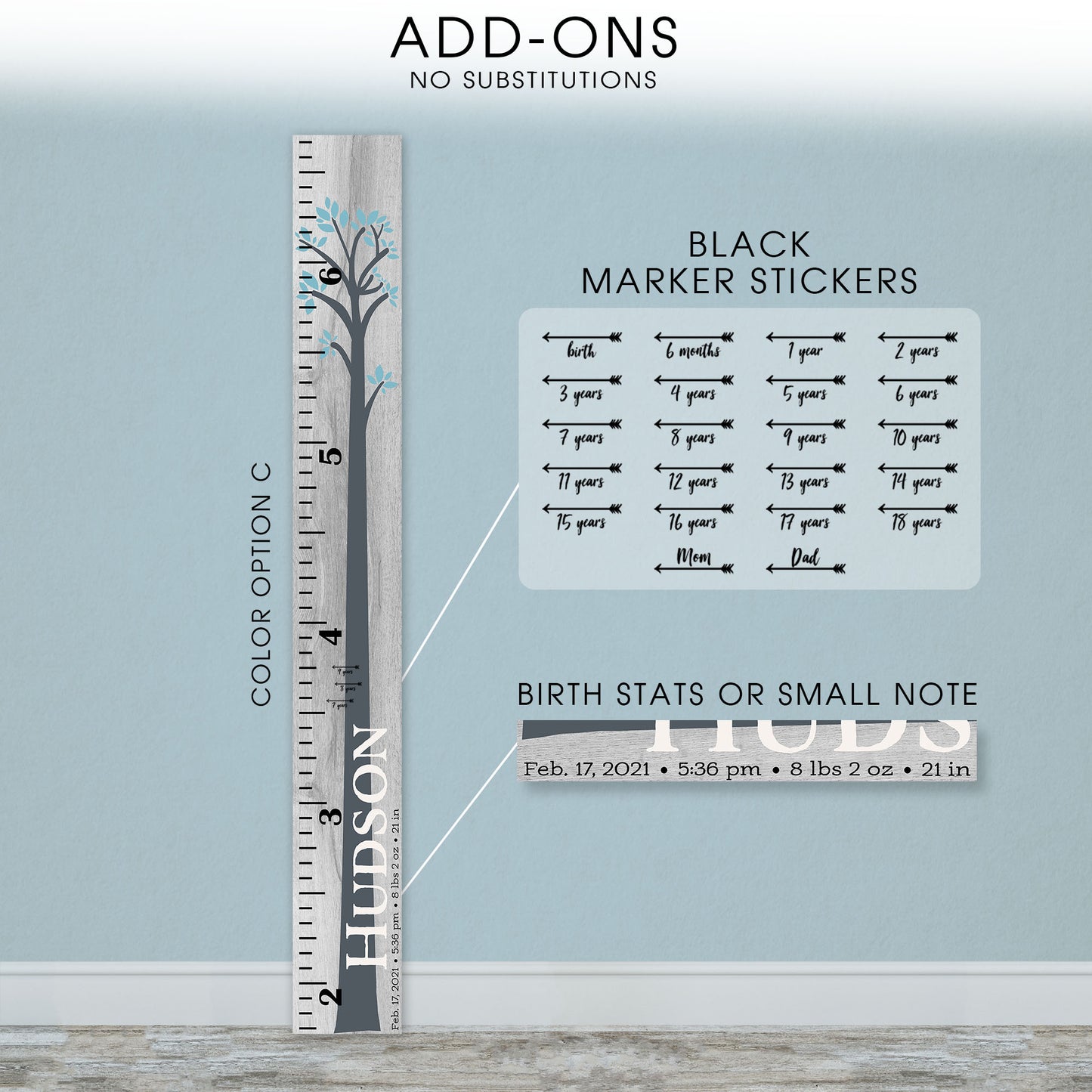 Personalized Wooden Kids Growth Chart - Height Ruler for Boys Girls Size Measuring Stick Family Name - Custom Ruler Gift Children GC-HUD Hudson