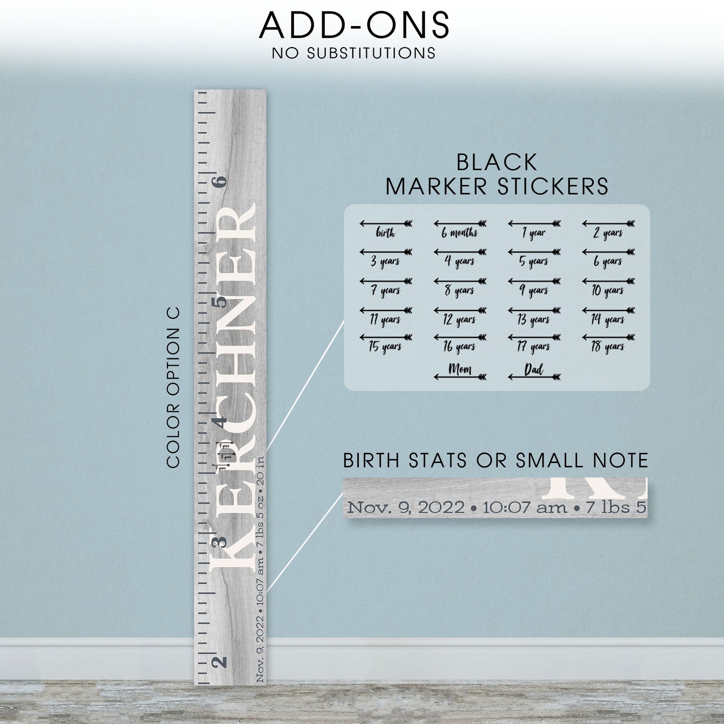 Personalized Wooden Kids Growth Chart - Height Ruler for Boys Girls Size Measuring Stick Family Name - Custom Ruler Gift Children GC-KER Kerchner