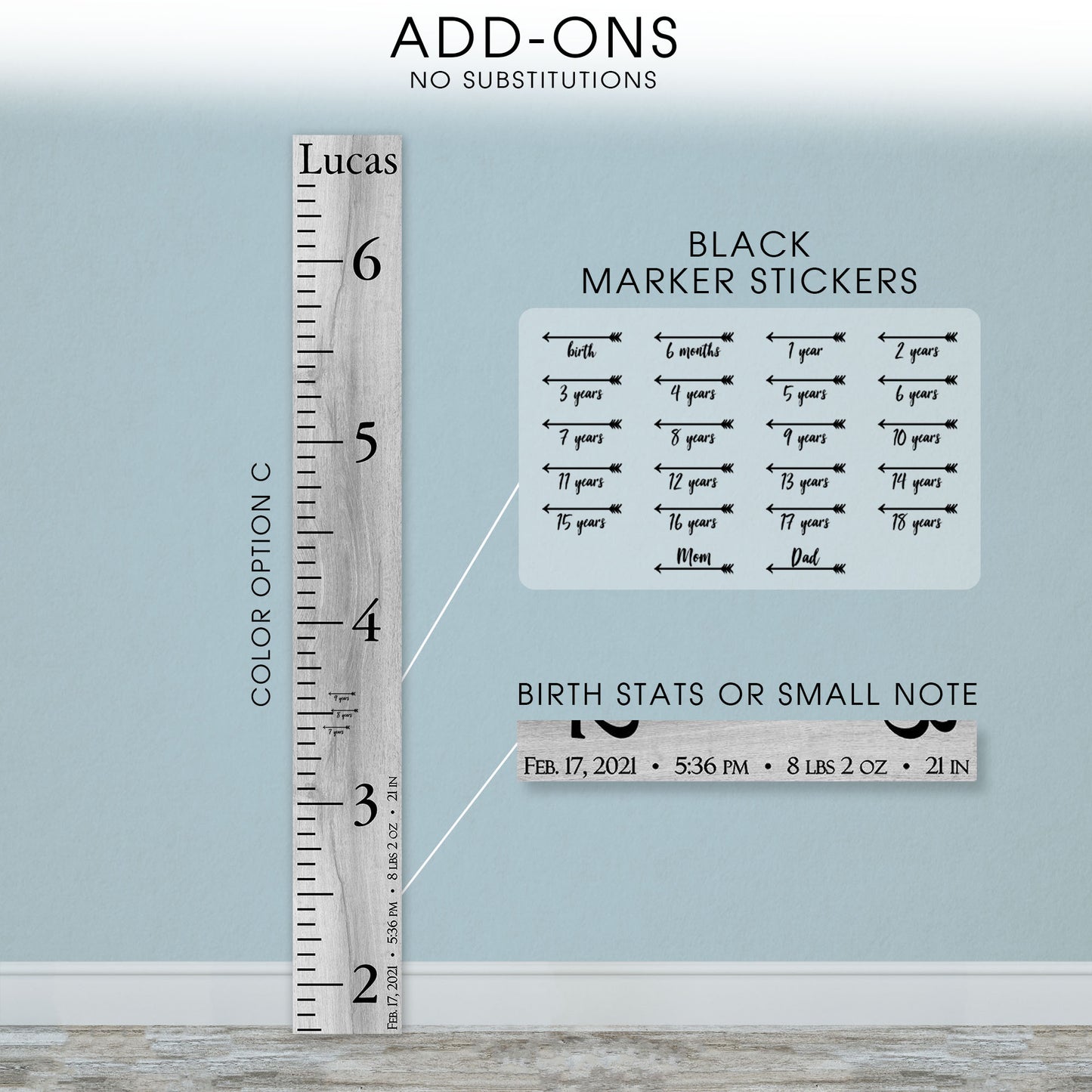 Personalized Wooden Kids Growth Chart - Height Ruler for Boys Girls Size Measuring Stick Family Name - Custom Ruler Gift Children GC-MAR Marshall
