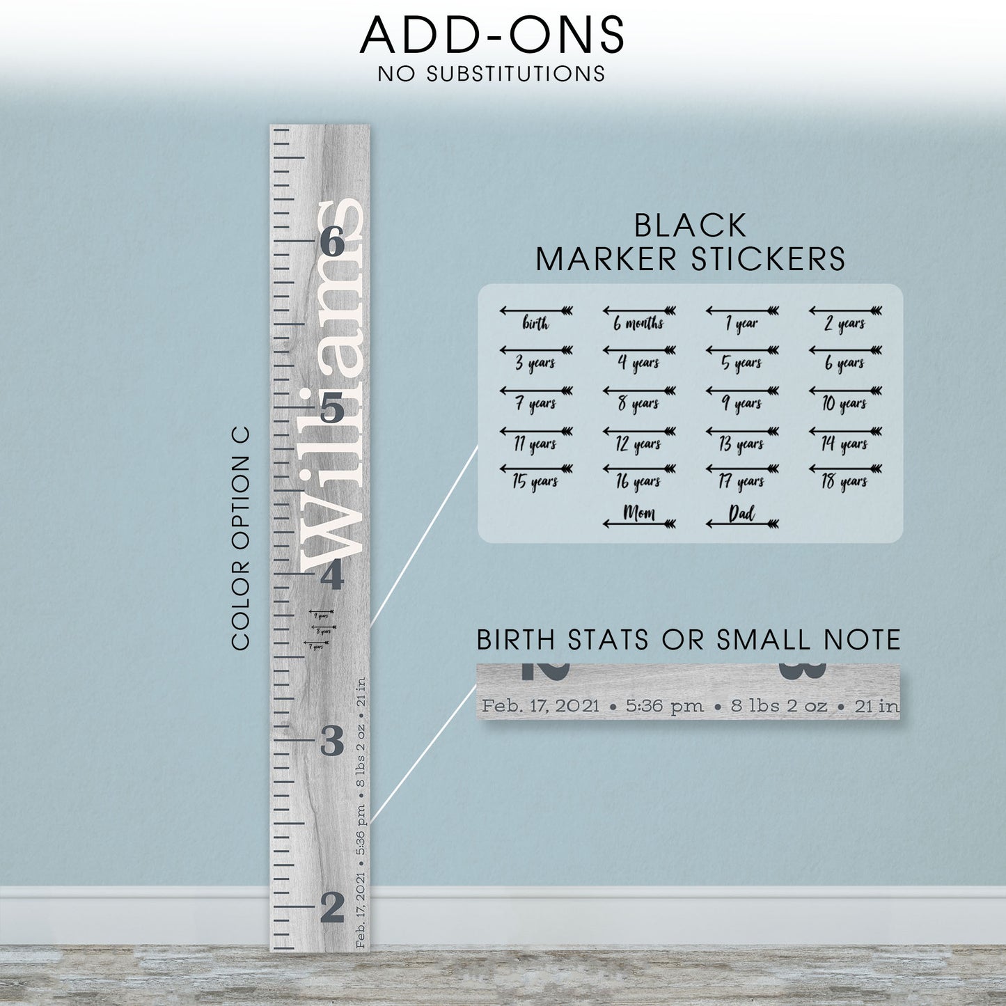 Personalized Wooden Kids Growth Chart - Height Ruler for Boys Girls Size Measuring Stick Family Name - Custom Ruler Gift Children GC-WIL Williams