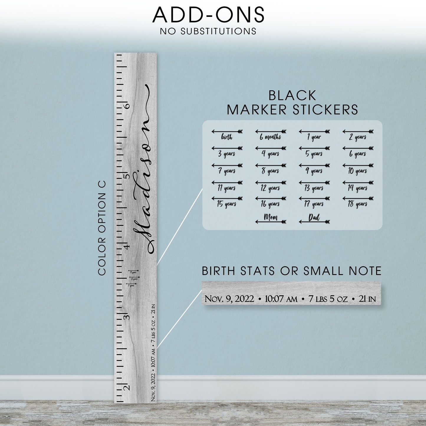 Personalized Wooden Kids Growth Chart - Height Ruler for Boys Girls Size Measuring Stick Family Name - Custom Ruler Gift Children GC-MAD Madison