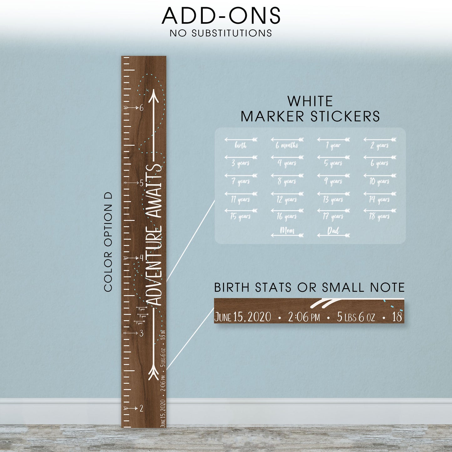 Personalized Wooden Kids Growth Chart - Height Ruler for Boys Girls Size Measuring Stick Family Name - Custom Ruler Gift Children GC-AA Adventure Awaits