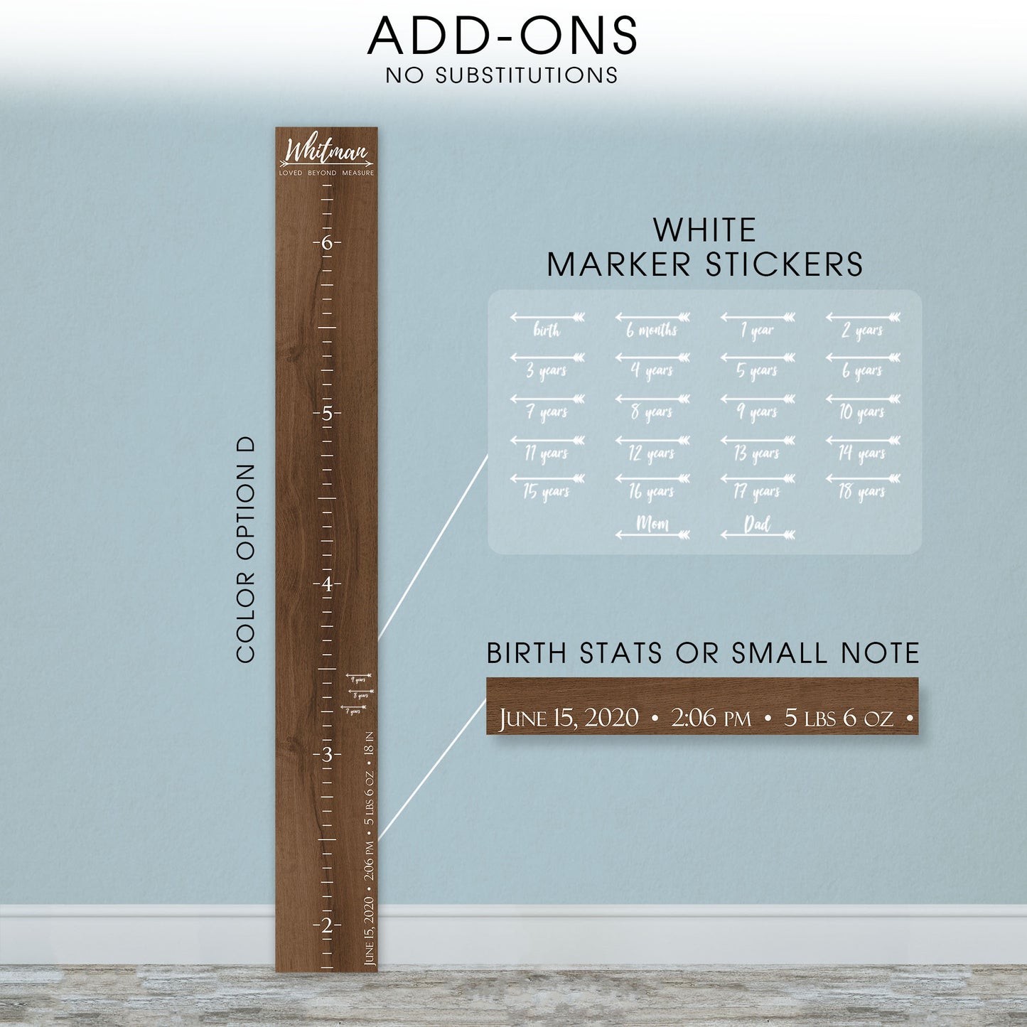 Personalized Wooden Kids Growth Chart - Height Ruler for Boys Girls Size Measuring Stick Family Name - Custom Ruler Gift Children GC-WHT Whitman