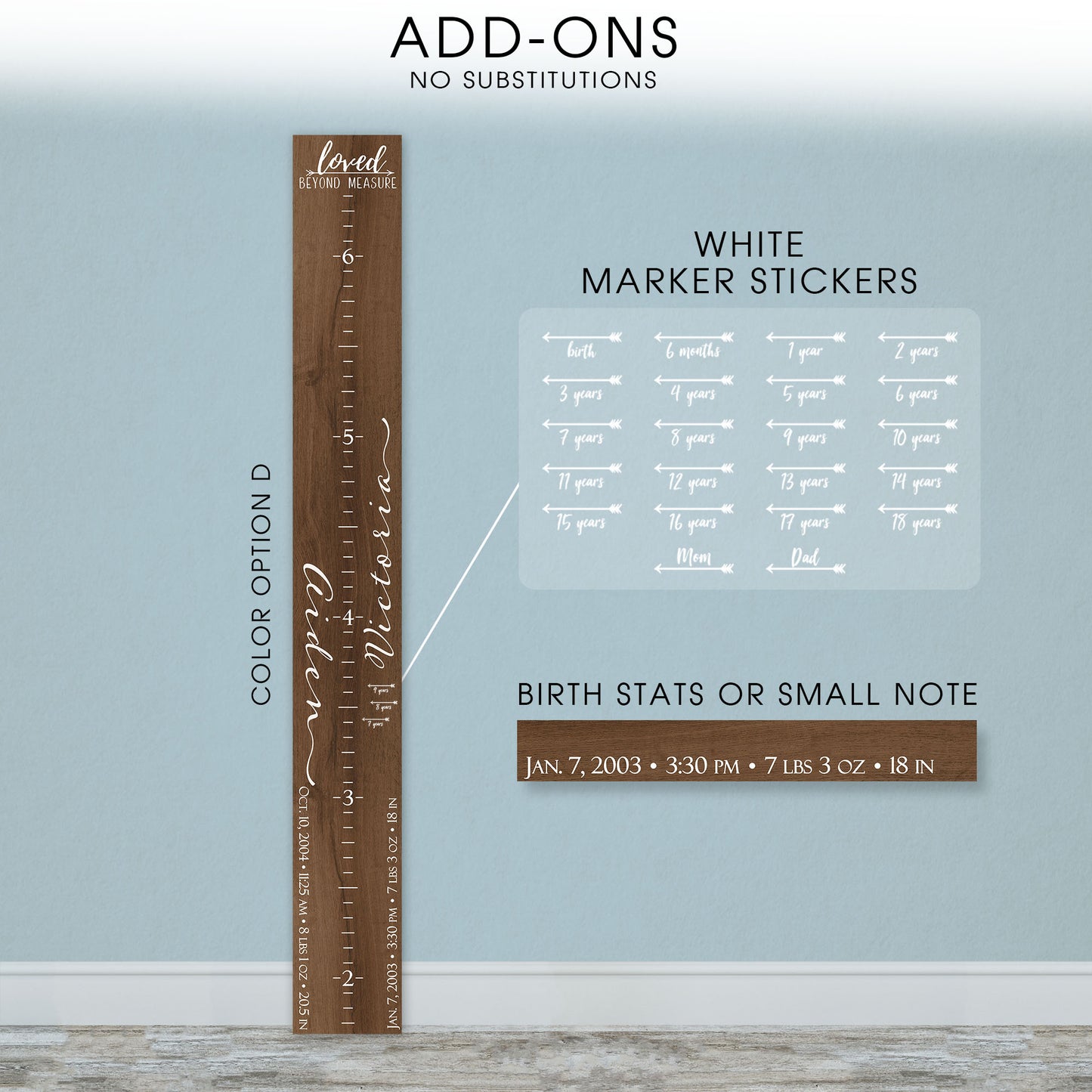 Personalized Wooden Kids Growth Chart - Height Ruler for Boys Girls Size Measuring Stick Family Name - Custom Ruler Gift Children GC-AID Aiden