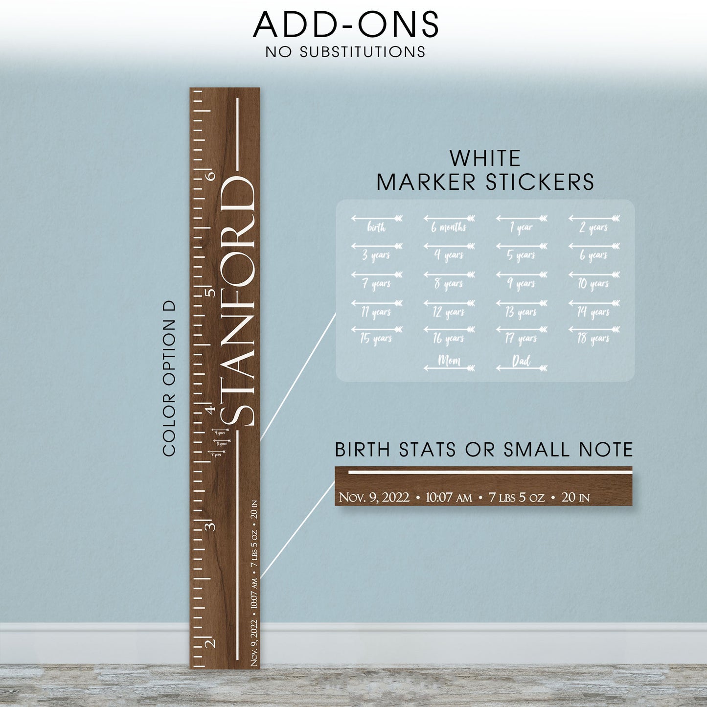 Personalized Wooden Kids Growth Chart - Height Ruler for Boys Girls Size Measuring Stick Family Name - Custom Ruler Gift Children GC-STN Stanford