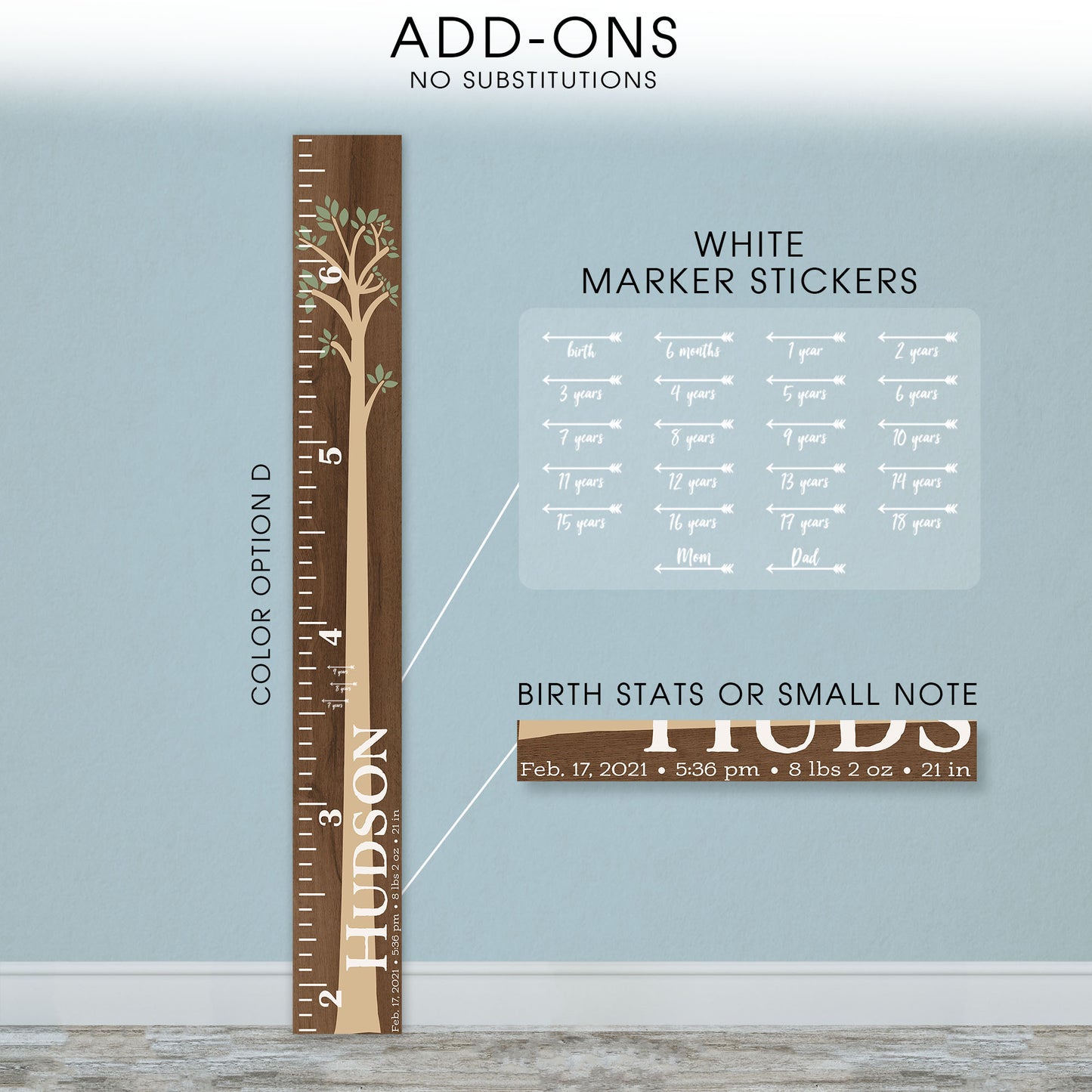 Personalized Wooden Kids Growth Chart - Height Ruler for Boys Girls Size Measuring Stick Family Name - Custom Ruler Gift Children GC-HUD Hudson