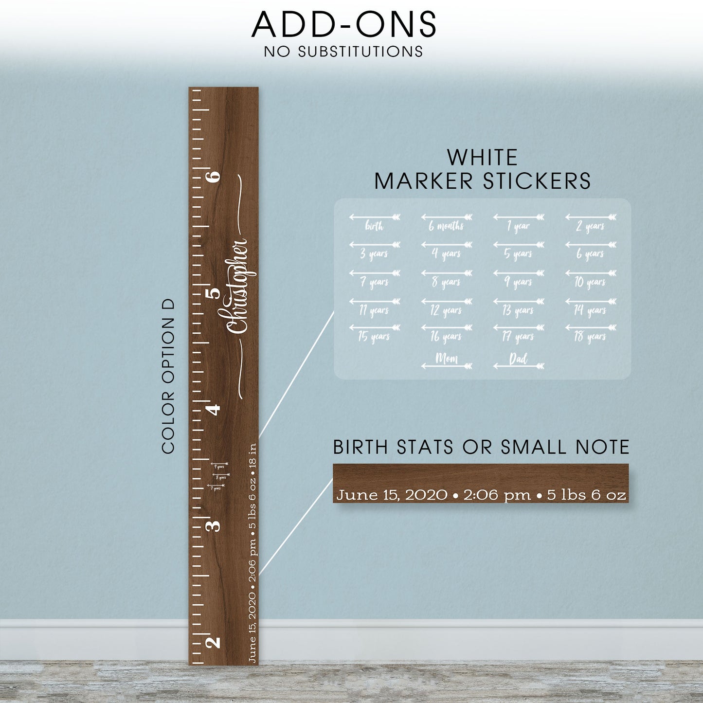Personalized Wooden Kids Growth Chart - Height Ruler for Boys Girls Size Measuring Stick Family Name - Custom Ruler Gift Children GC-CHR Christopher