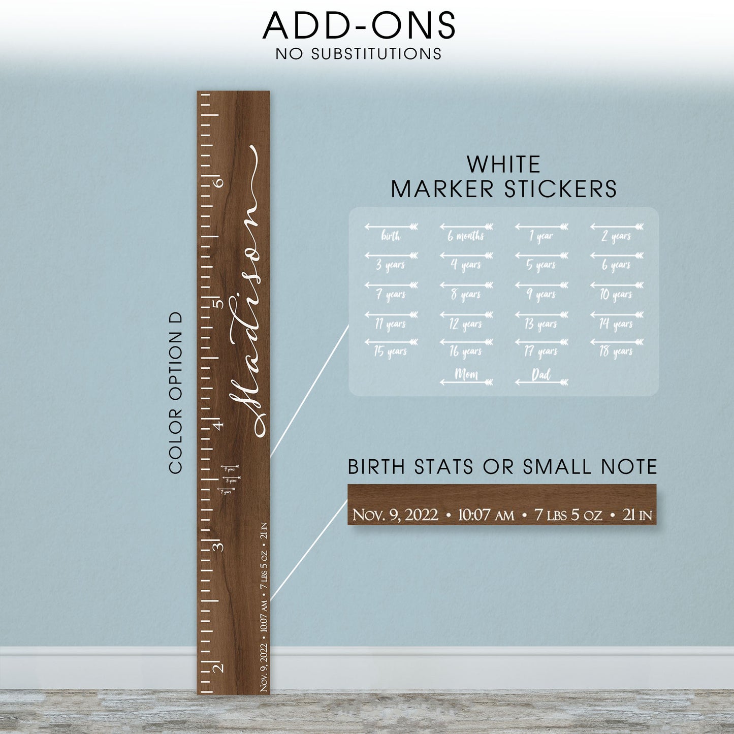 Personalized Wooden Kids Growth Chart - Height Ruler for Boys Girls Size Measuring Stick Family Name - Custom Ruler Gift Children GC-MAD Madison