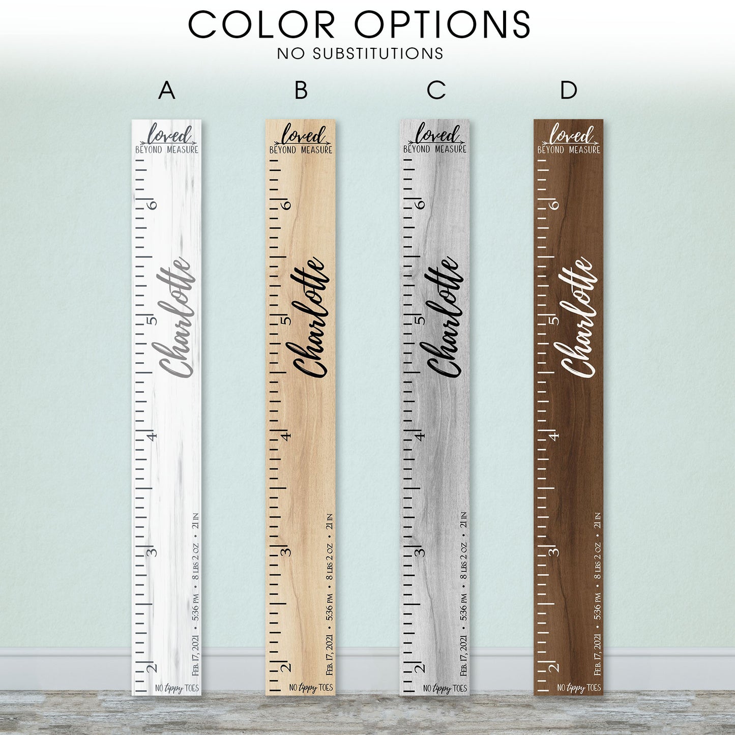 Personalized Wooden Kids Growth Chart - Height Ruler for Boys Girls Size Measuring Stick Family Name - Custom Ruler Gift Children GC-NTT No Tippy Toes