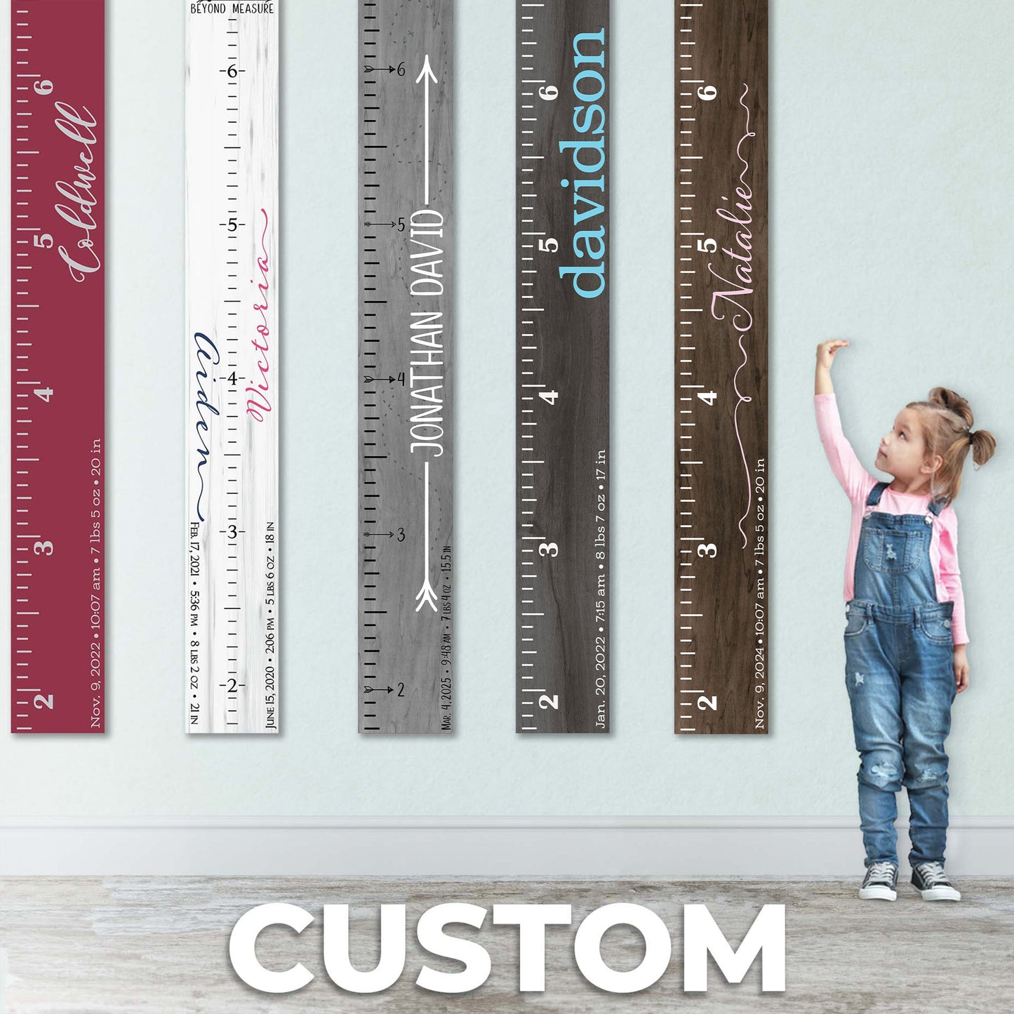 Personalized Wooden Kids Growth Chart - Height Ruler for Boys Girls Size Measuring Stick Family Name - Custom Ruler Gift Children GC-CST