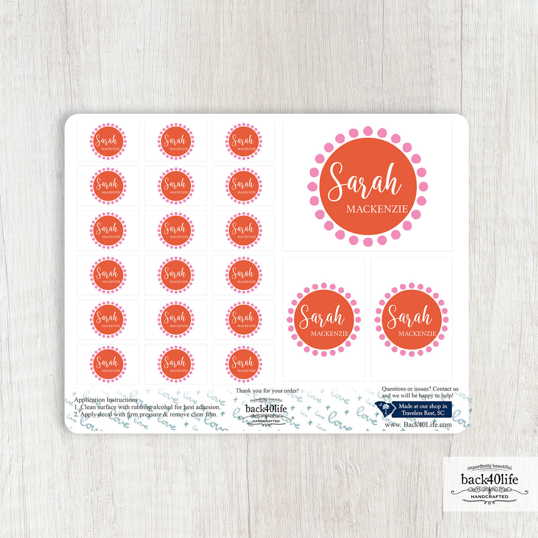 Name Monogram Dotted Circle DTF Sticker Labels Multiple Sizes - Back40Life (K-081v)