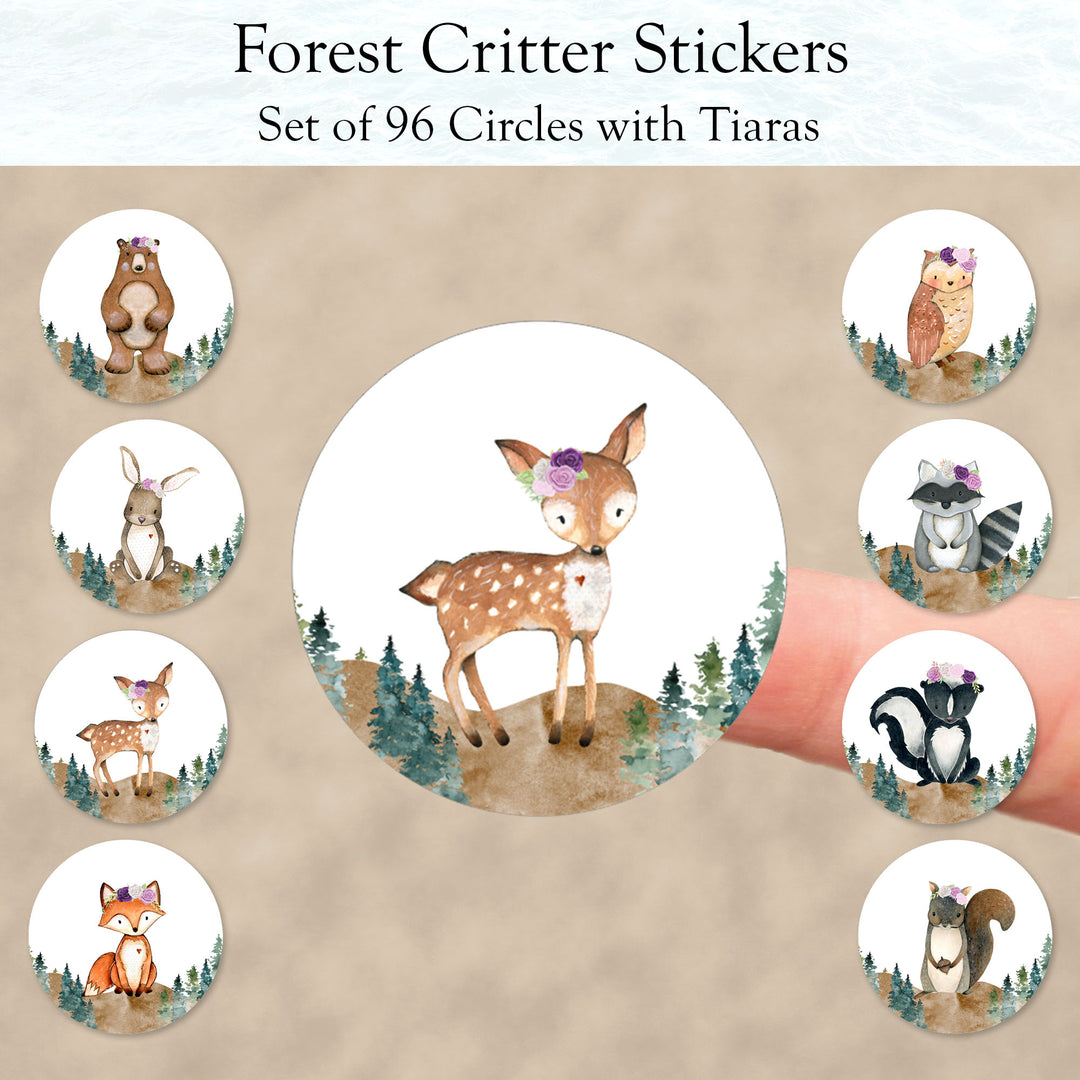 Forest Critter with Tiaras Circle Stickers - Set of 96 Circle Sticker Cutout Shapes - (PC-001C-5)