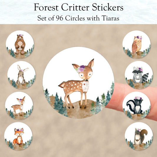 Forest Critter with Tiaras Circle Stickers - Set of 96 Circle Sticker Cutout Shapes - (PC-001C-5)