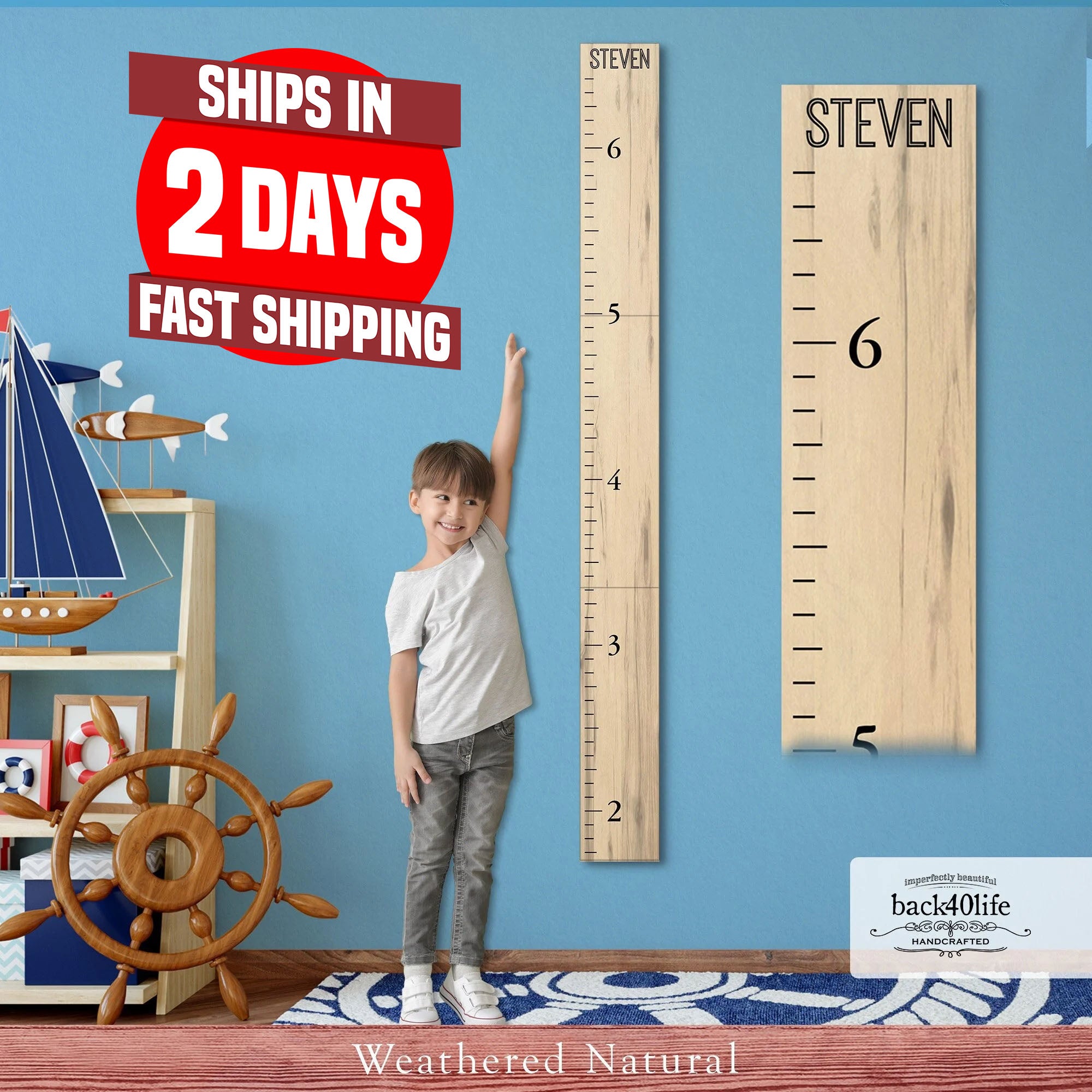 Life Size English Ruler Farmhouse Style Segmented Wooden Kids Growth Chart Ruler for Boys and ...