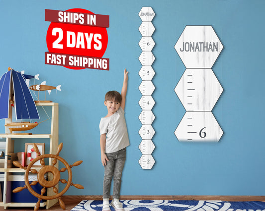 Personalized Wooden Kids Growth Chart - Height Ruler for Boys Girls Size Measuring Stick Family Name - Custom Ruler Gift Children GC-HEX-BMK Hexagon Benchmark