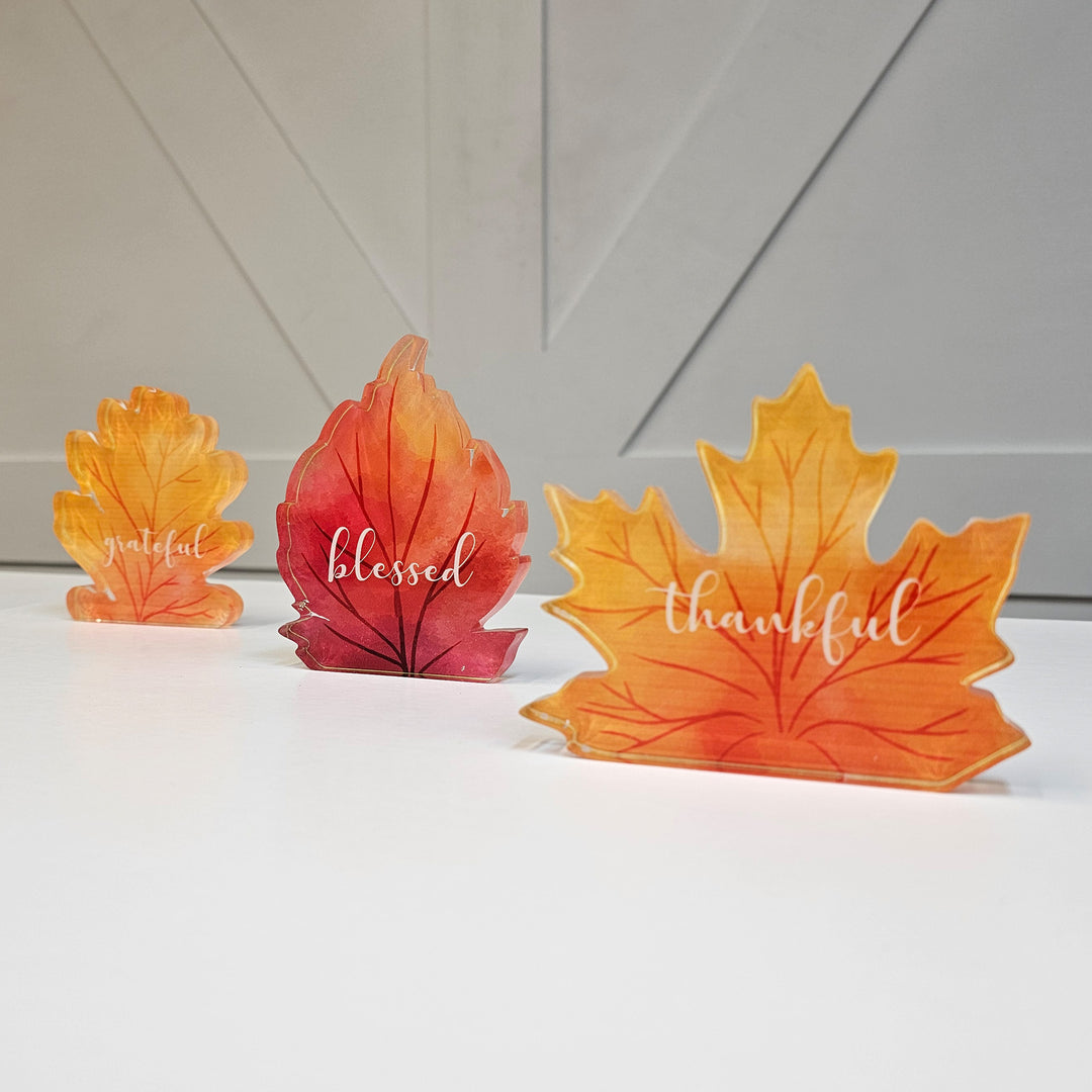 Thanksgiving Acrylic Shelf Sitters - Leaves - Blessed Grateful Thankful