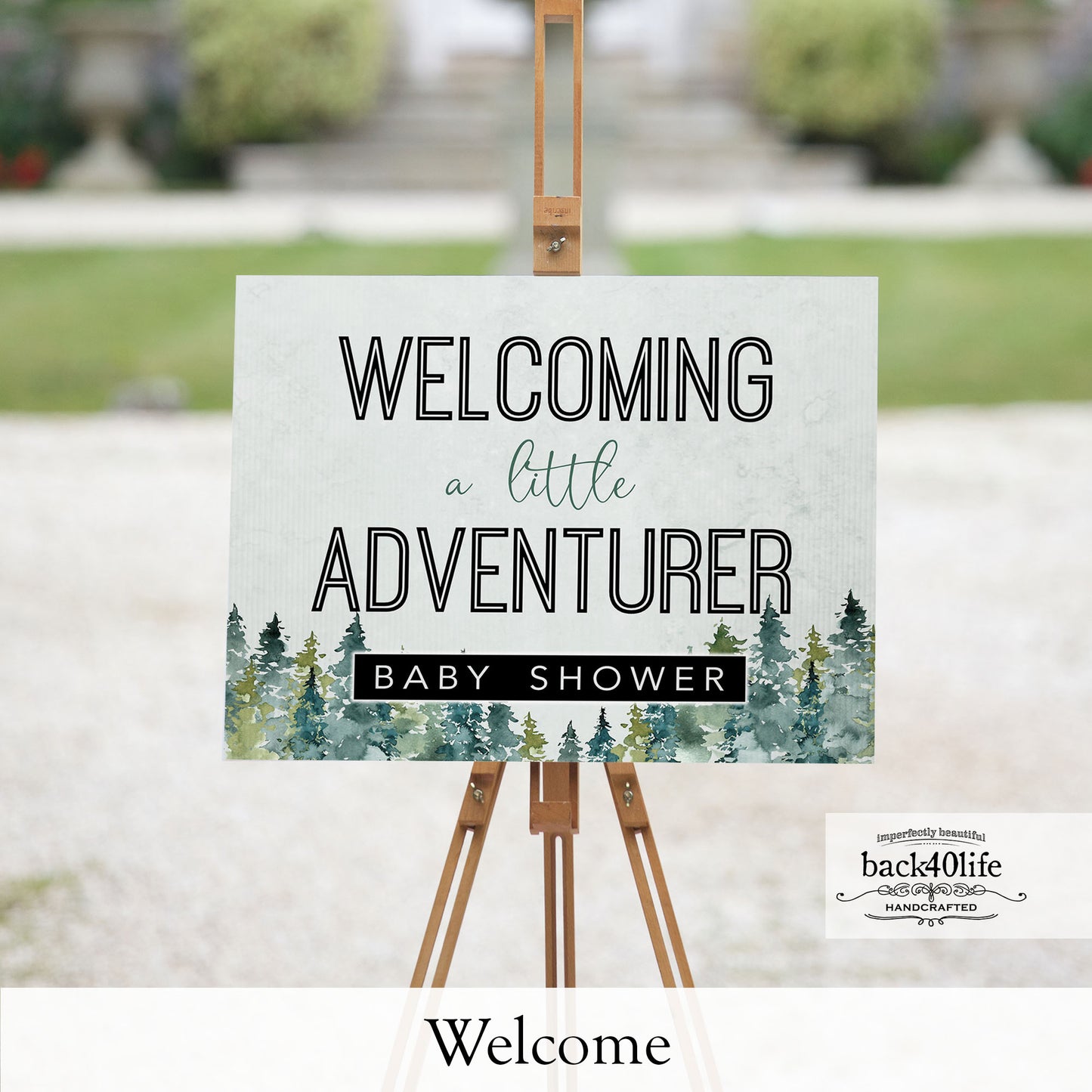 Baby Shower Sign - Little Adventurer Forest Trees - Welcome Directional Parking Event (K-091u)