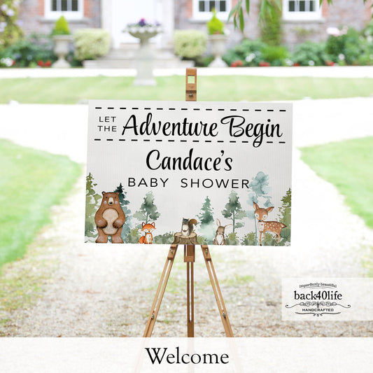Baby Shower Sign - Let the Adventure Begin Forest Woodland Critters - Welcome Directional Parking Event (K-091t)